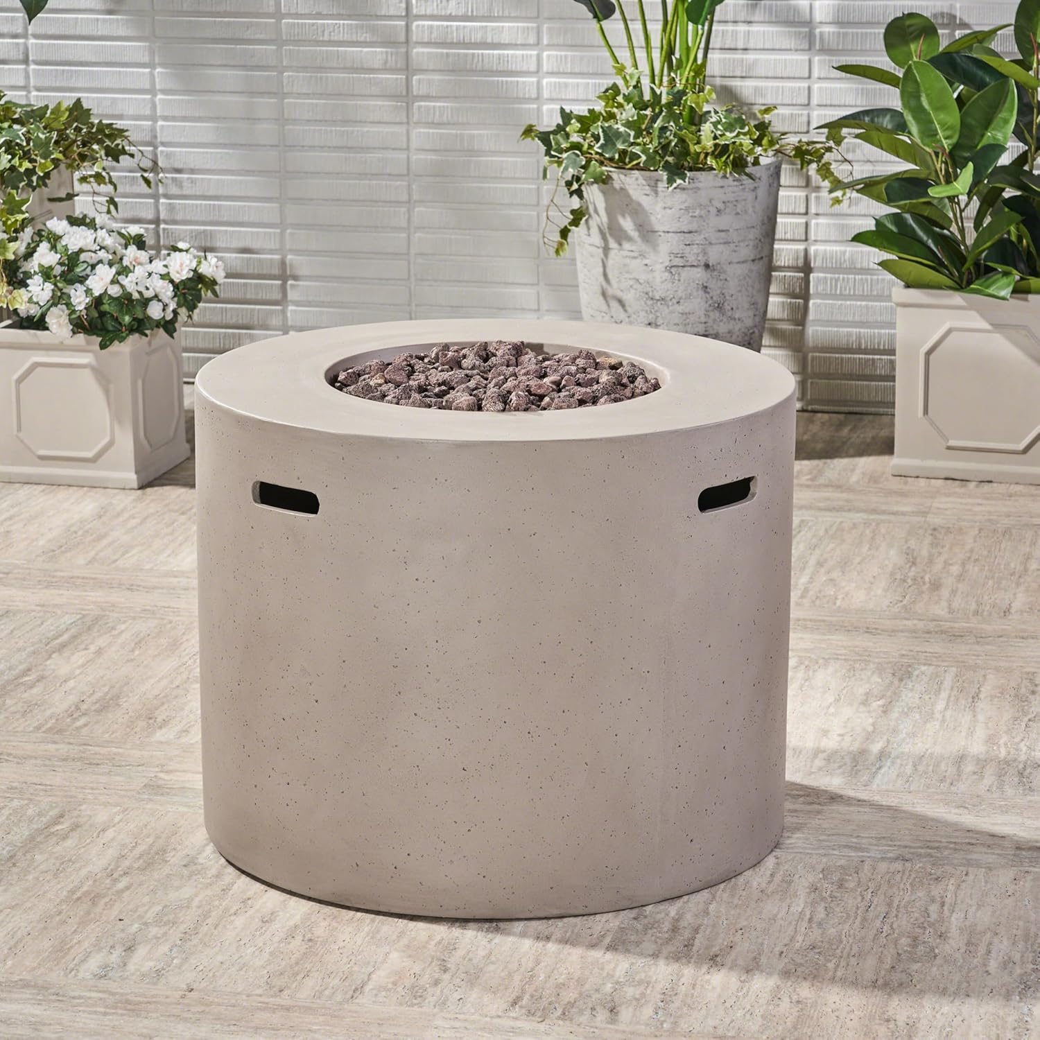 31 Inches Round Light Grey Fire Pit 40,000 Btu Outdoor Propane Fire Pit with Lava Rocks, Patio, Backyard, and Deck Durable Stylish (1 Doors)