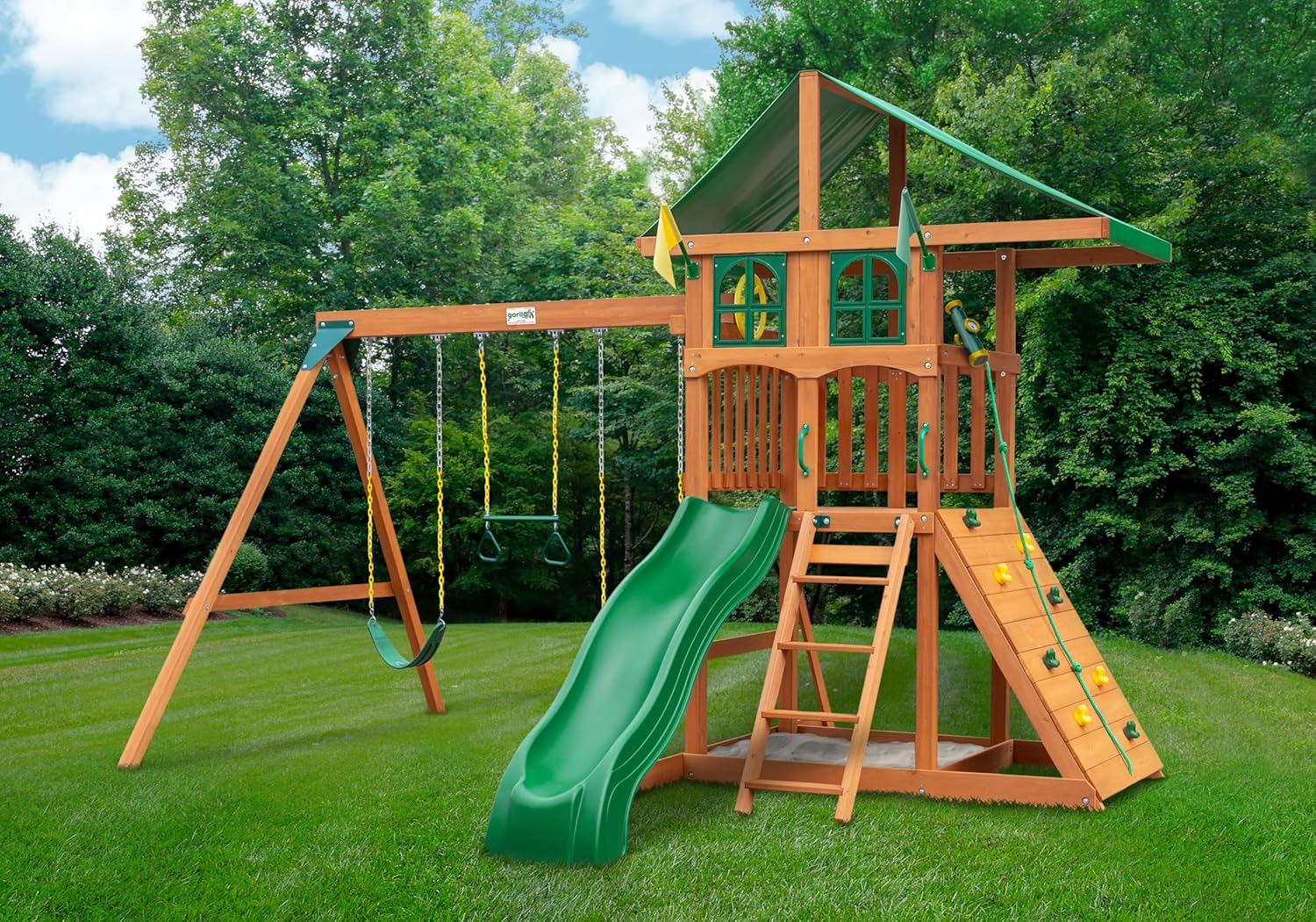 Gorilla Playsets 01-1077 Avalon Treehouse Wooden Swing Set with Oversized Green Vinyl Canopy Roof, Climbing Wall, Ladder, Swings and Slide