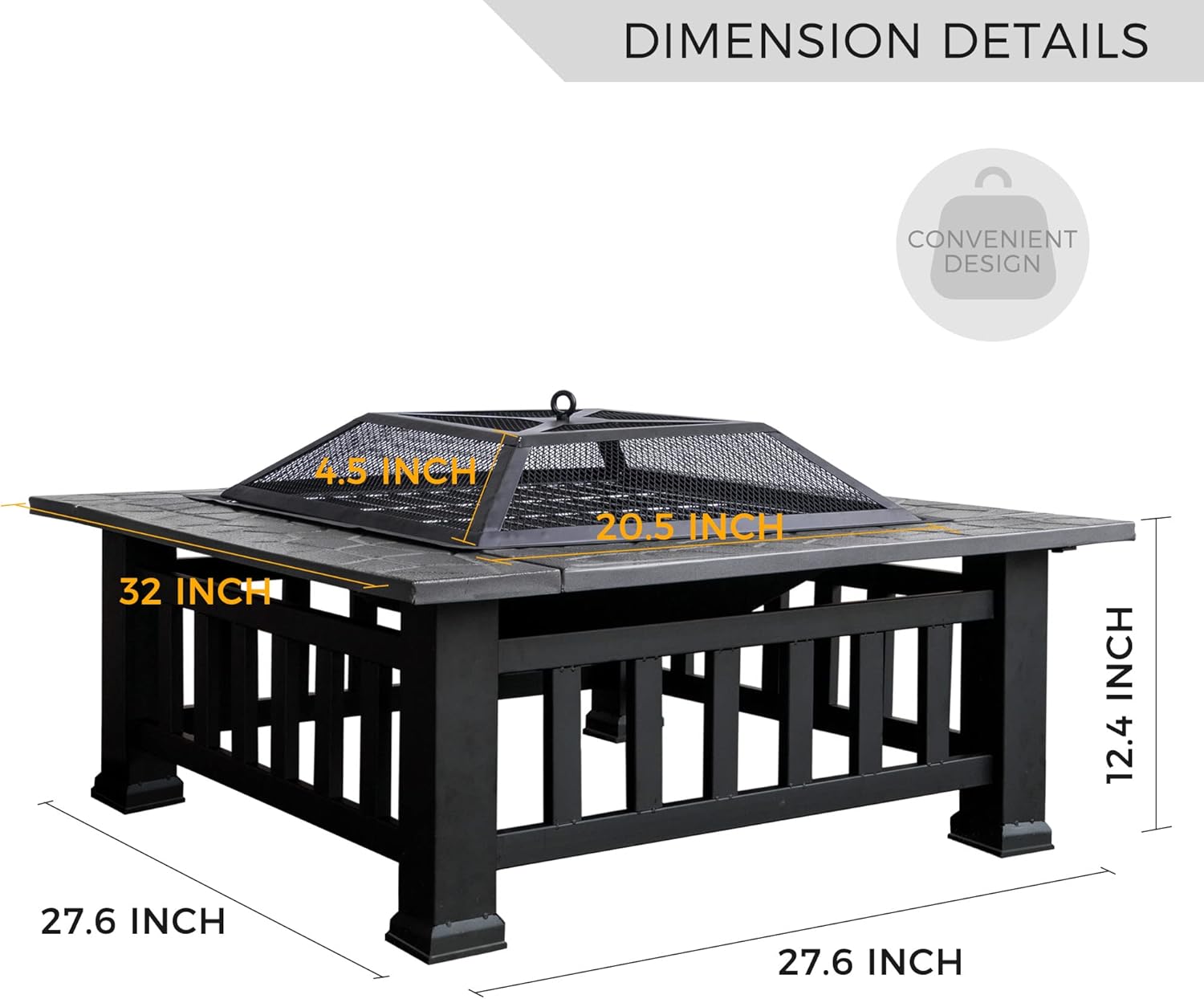 Fire Pit for Outside 3 in 1, Metal Square Outdoor Fireplace, Garden Stove with Spark Screen and Cover, Log Grate and Poker for Warmth | BBQ | Bonfire | Picnic | Camping, 32 inch