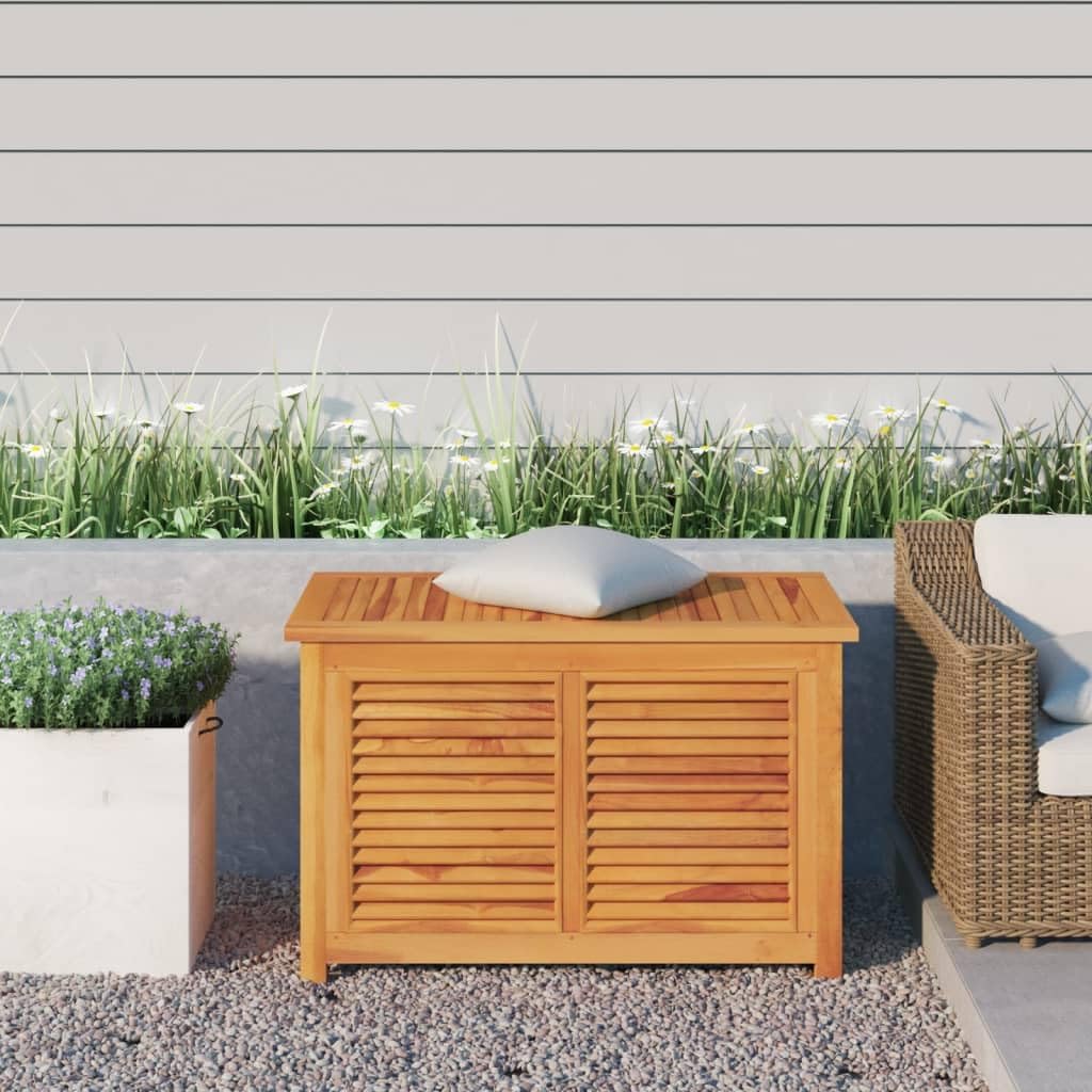 Outdoor Storage Box with PE Bag 35.4x19.7x22.8 Inch Solid Teak Wood, Rustic Louvered Design Weatherproof Patio Furniture for Garden Deck Indoor Organizer