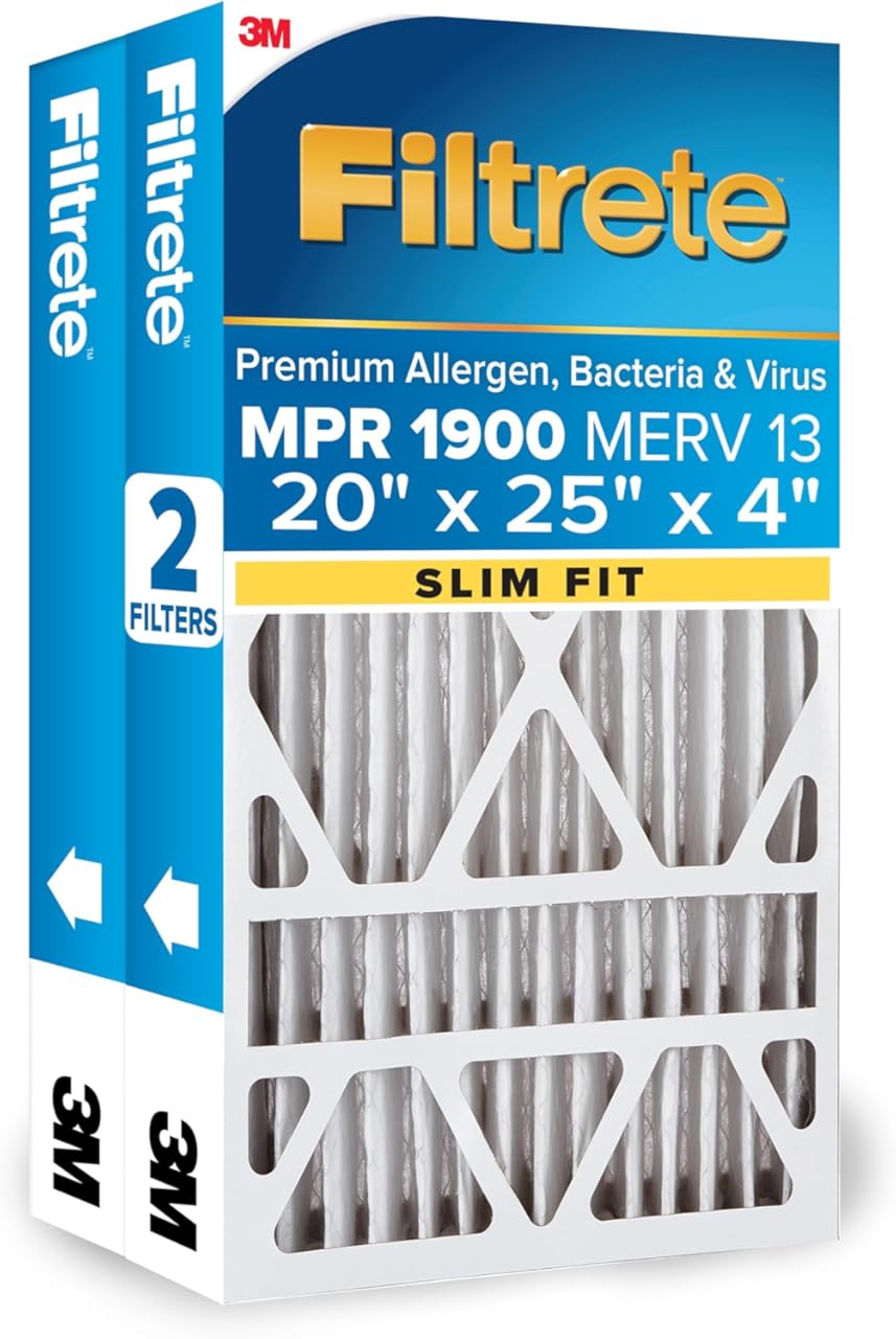 Filtrete 20x25x4 (SlimFit) AC Furnace Air Filter, MERV 13, MPR 1900, Premium Allergen, Bacteria & Virus, Electrostatic Air Cleaning Filter, 2-Pack (Actual Size 19.5x24.5x3.75 in)