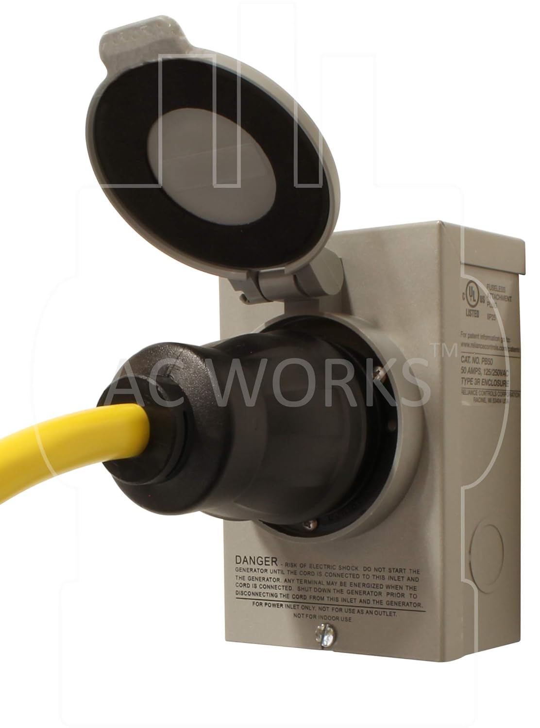 AC WORKS Generator to Transfer Switch 50Amp Inlet Box Adapter (L5-30 30Amp 3-Prong to CS6364 Flexible) Yellow