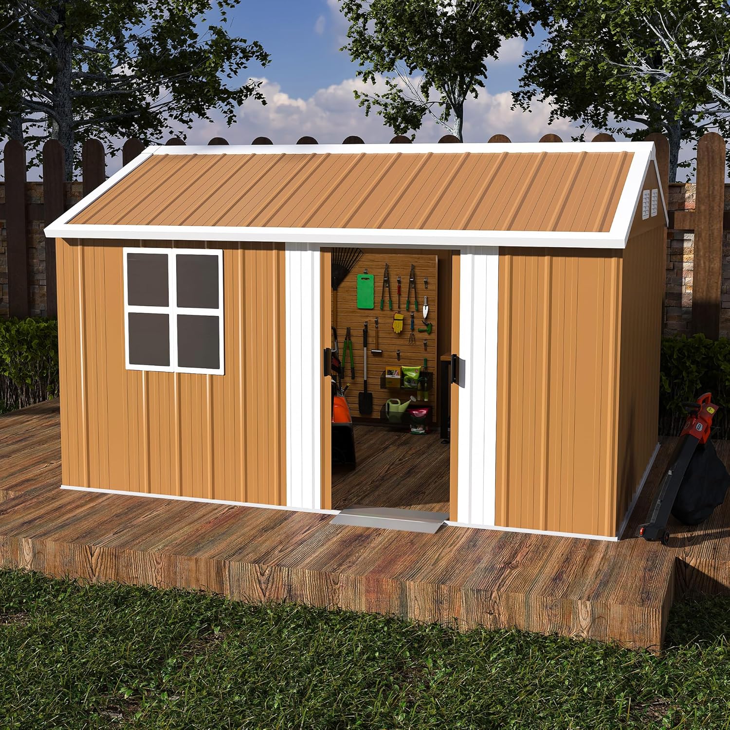 12x8 FT Metal Heavy-Duty Metal Storage Shed with Windows and Sliding Lockable Door,Outdoor Waterproof Large Backyard Shed House W/Sloped Roof & Vents,for Garden Garbage Enclosure,Brown