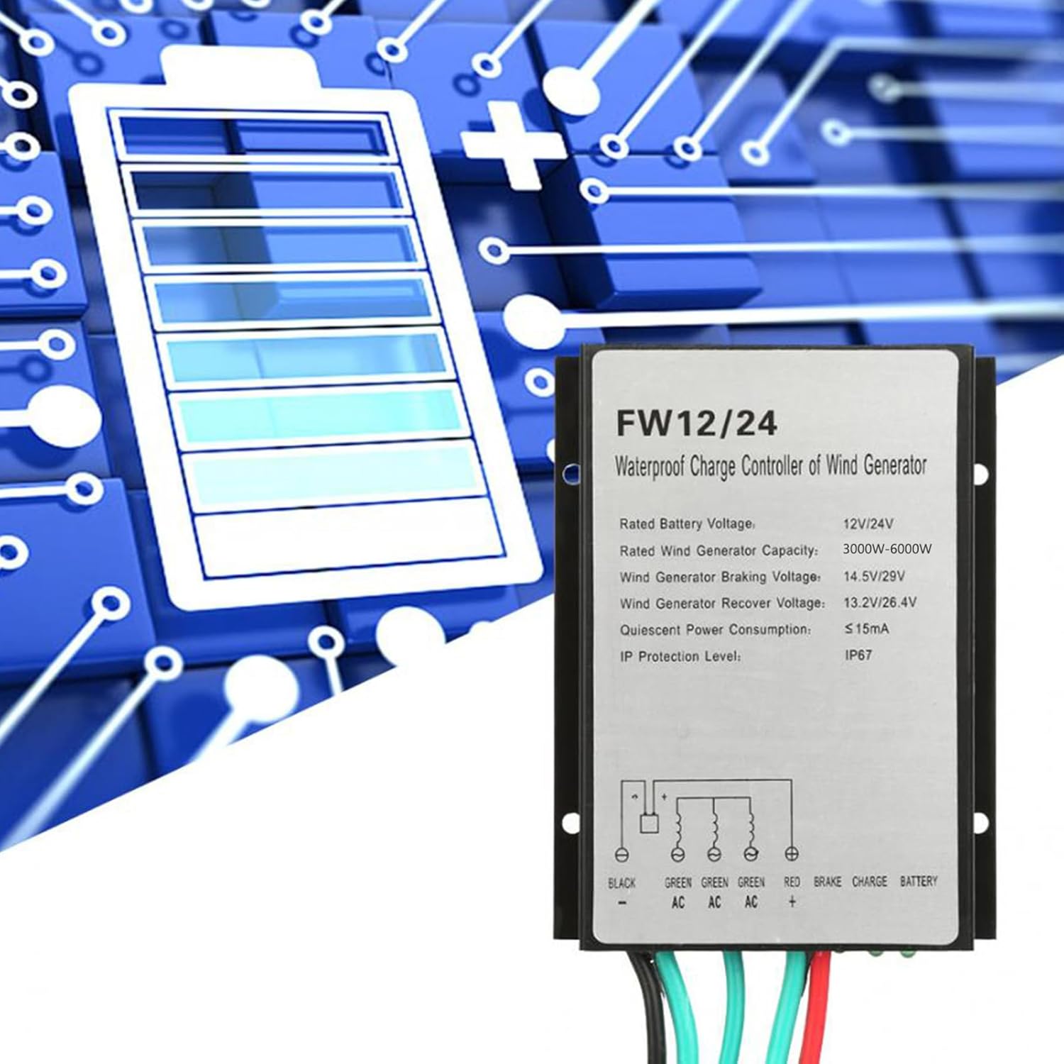 IP67 Waterproof Wind Turbine Charge Controller 5000W DC 12V/24V Wind Turbines Generator Charge Controller, for Home Camping