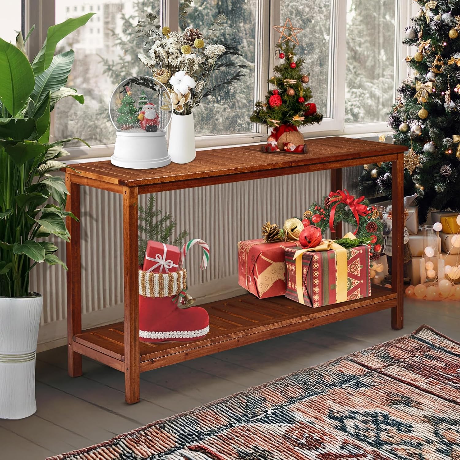 VINGLI 49in Solid Wood Outdoor Console Table, 2-Shelf Wooden Outdoor Accent Plant Table Multifunctional Buffet Bar Storage Organizer for Indoor Patio Porch and Entryway (Natural)