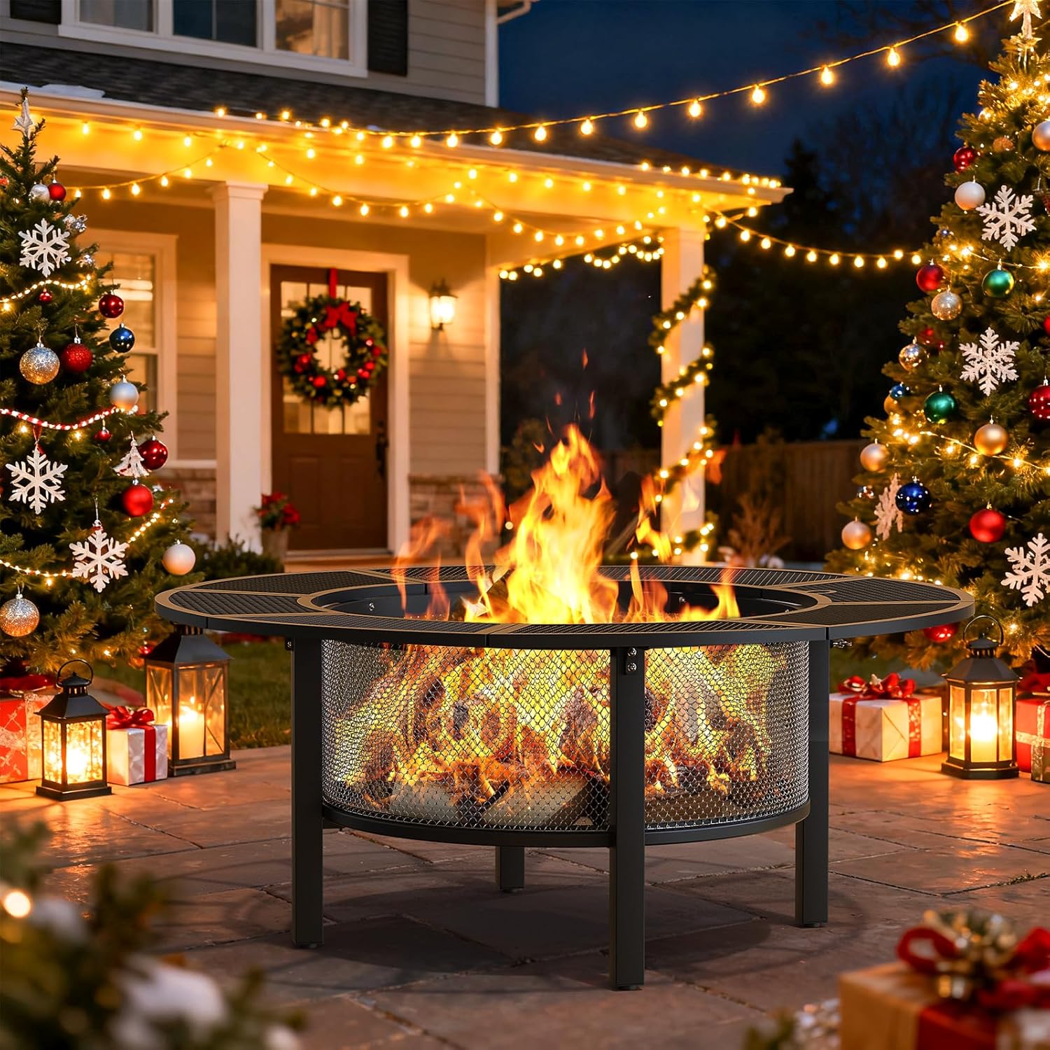 ONBRILL 2-in-1 47 Inch Fire Pit with 2 Swivel Cooking Grills, Outdoor Wood Burning Firepit with Poker for BBQ, Bonfire, Picnic, Party, Round Metal Fire Pit for Outside, Backyard, Patio