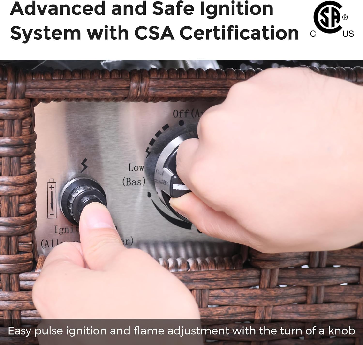 43 Inch Outdoor Fire Table with Ceramic Tile Tabletop Propane Fire Pit Table 60,000 BTU Gas FirePit CSA Certified Wicker Rattan Fire Table with Lid Glass Rock Wheels Waterproof Cover Gloves