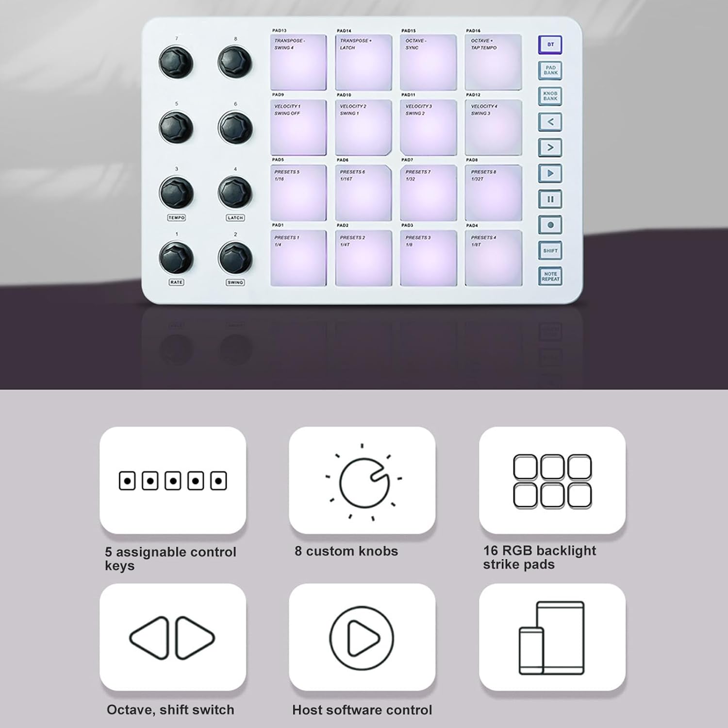 Sanpyl Beat Maker Machine, Bluetooth & USB-C MIDI Controller with 16 RGB Pads, 8 Knobs, Note Repeat, Full Level Key, Portable & Rechargeable