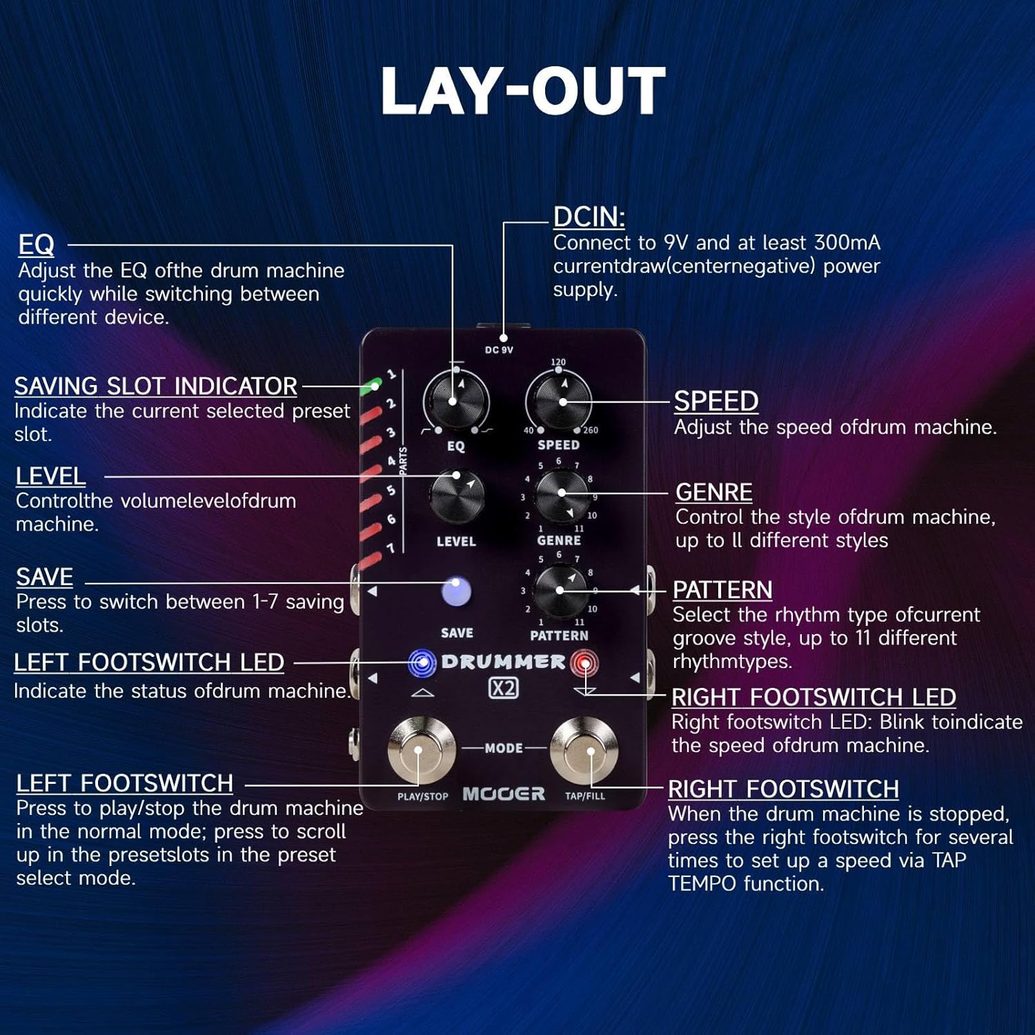 MOOER Drummer X2 Stereo Drum Machine Peda Wireless Guitar System Air P05 for Guitar, Bass, Instruments