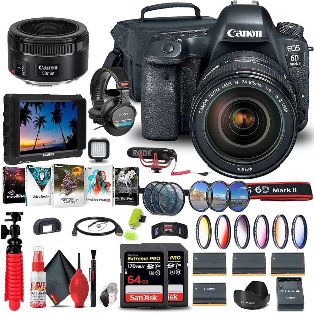 Canon EOS 6D Mark II DSLR Camera with 24-105mm f/4L II Lens (1897C009) + 4K Monitor + Canon EF 50mm Lens + Pro Mic + Pro Headphones + 2 x 64GB Memory Card + Color Filter Kit + Case + More (Renewed)