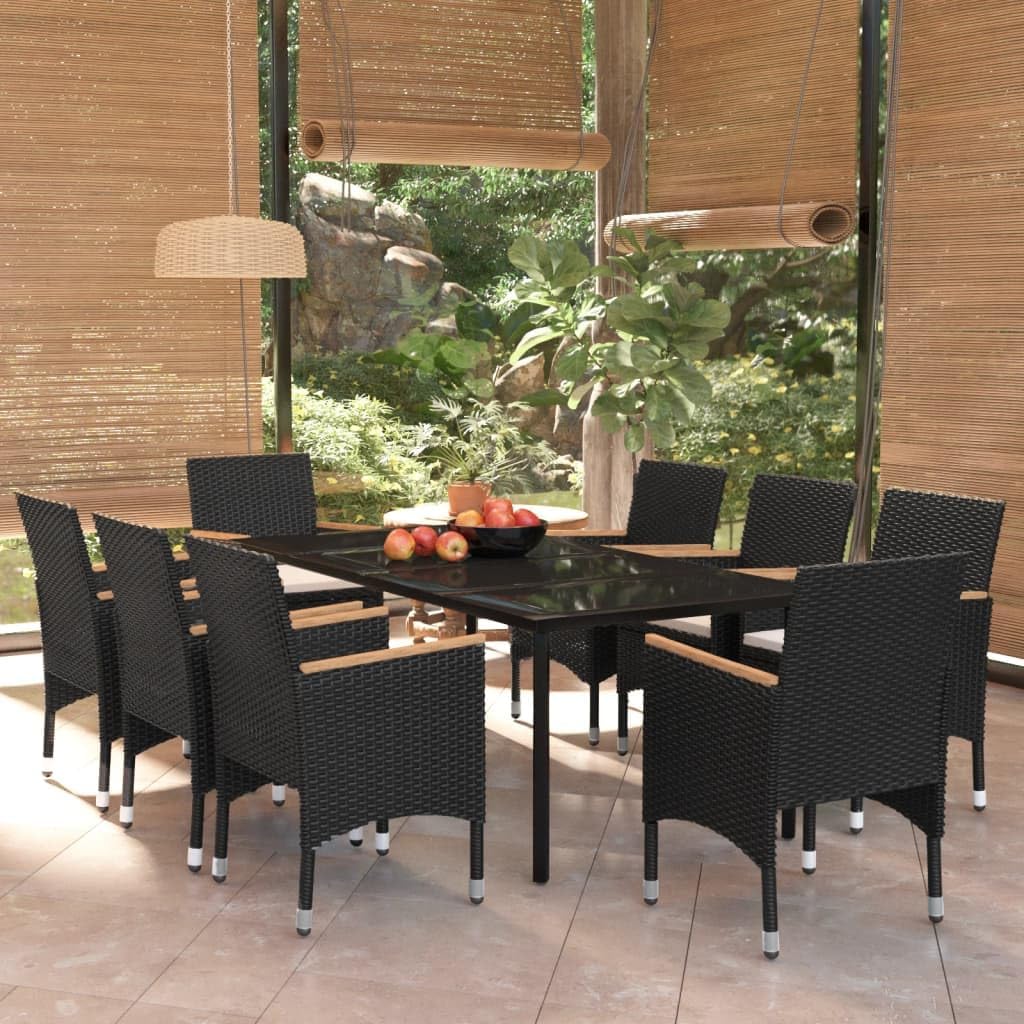 9 Piece Patio Dining Set with Cushions Black,Outdoor Patio Dining Set with AllWeather PE Rattan Chairs and Glass Top Table Patio Furniture Sets, Outdoor Furniture Sets
