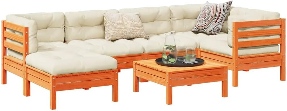 Patio Set 7 Piece Patio Sofa Set with Cushions Wax Brown Solid Wood Pine