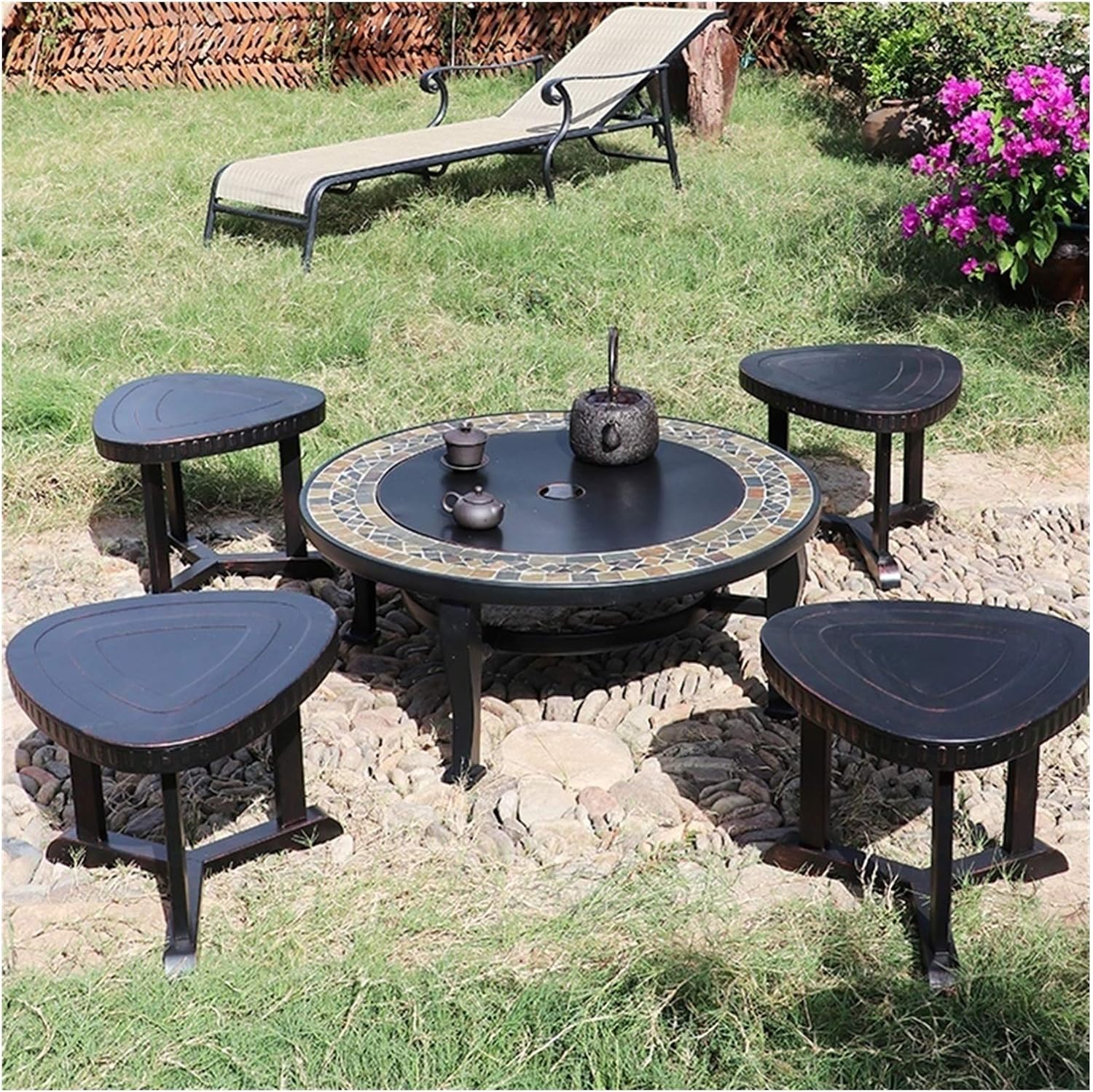 Fire Pits Outdoor Round Outdoor Wood-burning Fire Bowl, Portable Campfire Pit, 86cm Large Garden Barbecue Table, with 4 Stools