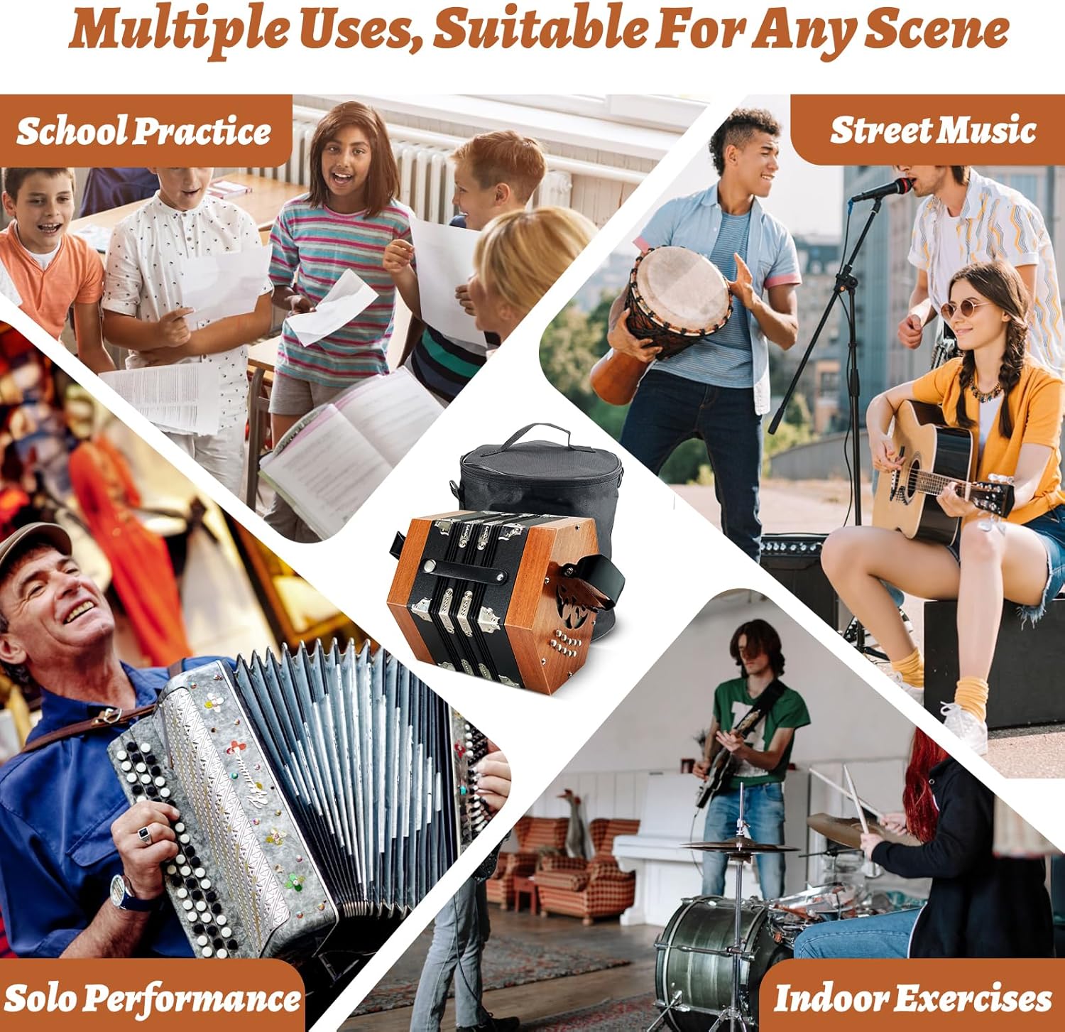 Concertinas,20-key accordion for adults, professional accordion for beginners, adjustable hand straps, instrument accessories (WOOD)