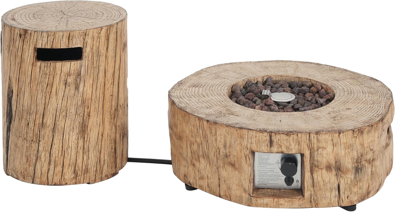 Christopher Knight Home Hearth Concrete Patio Fire Bowl, Outdoor Fire Pit and Tank Holder Set, Lightweight Concrete Tank Table, 30000BTU Round Fire Pit, Woodlike Texture, No Assembly Needed, Brown