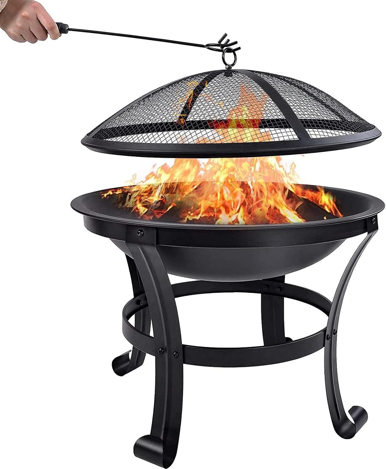 Fire Pit Metal Fire Bowl with Charcoal Fork/Charcoal/Mesh Cover