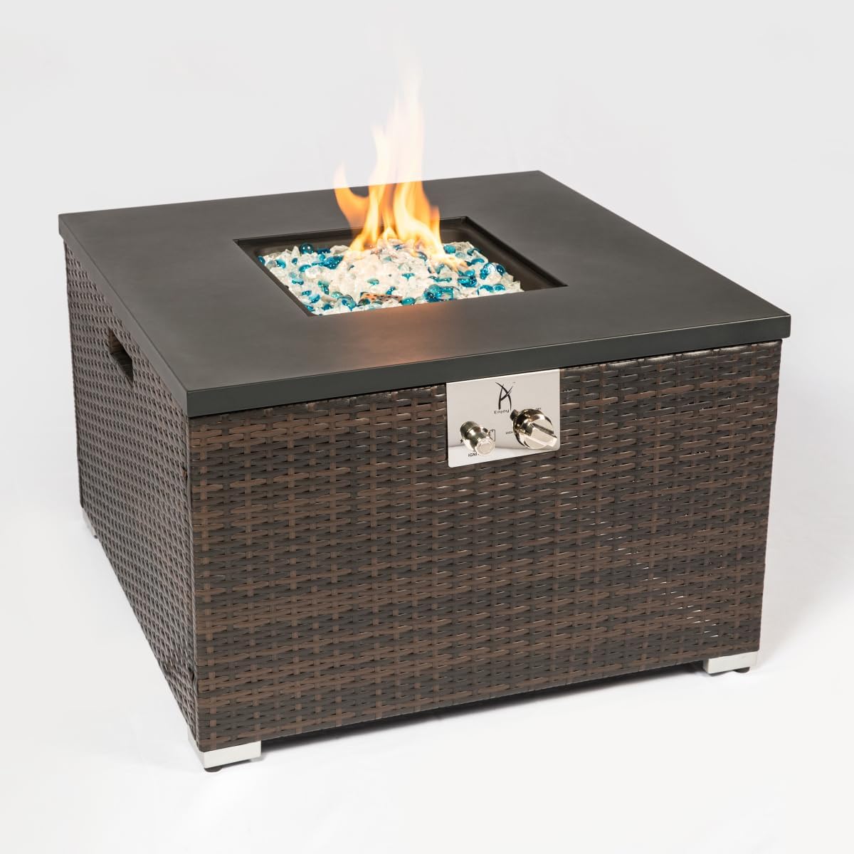 32-inch Square Dark Brown Wicker Propane Fire Pit Table, 40,000 BTU Outdoor Gas Fire Table with Glass Rocks for Patio, Garden, Porch