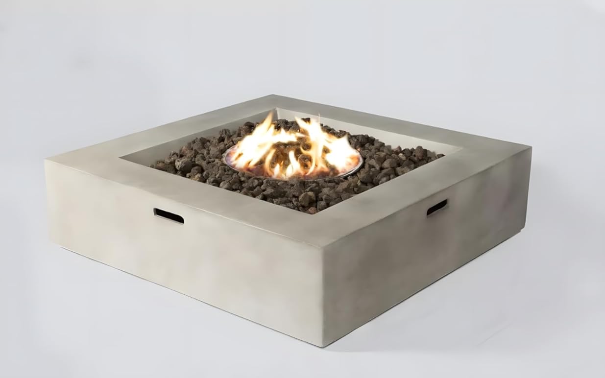 Penau 12 Inch Concrete Outdoor Fire Pit Table - Modern Design, Reinforced Construction, Handcrafted Finish, Propane and Natural Gas Compatible, 34 Inch x 34 Inch x 12 Inch