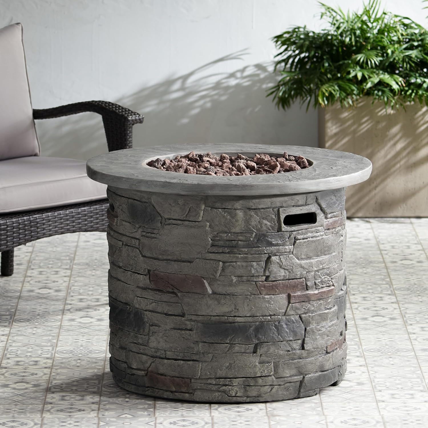 Roomfitters Outdoor Round Fire Pit Table with Stone-Look Magnesium Oxide Base, 32