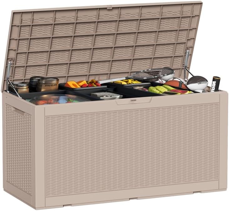 100 Gallon Waterproof Large Resin Deck Box, Lockable Storage Container for Patio Cushions, Garden Tools, Indoor & Outdoor (Brown)