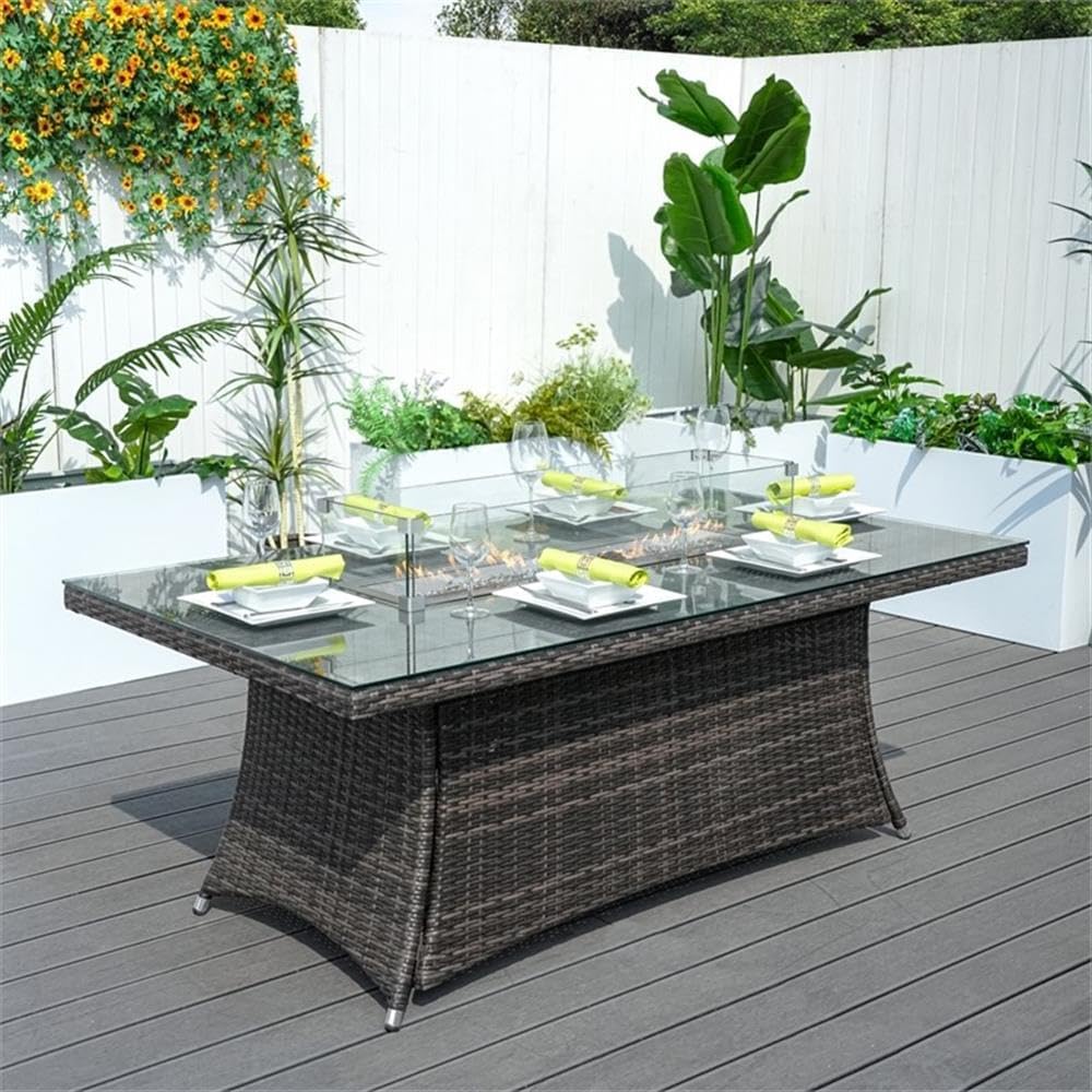 Direct Wicker Brown Aluminum Fire Pit Dining Table with Tempered Glass