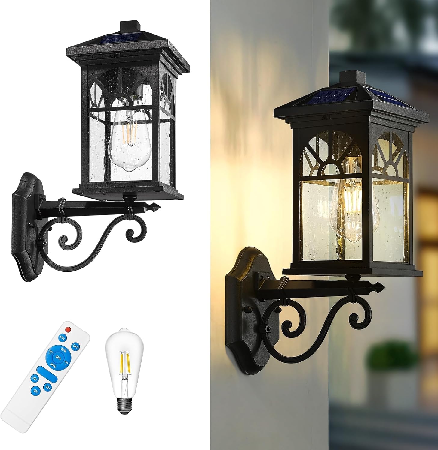 zeyu 15.8 Inch Solar Exterior Lighting Fixture, Exterior Wall Light Fixture with Remote, Die-Cast Aluminum with Seeded Glass Shade, Black Finish, ZYX112B SL BK