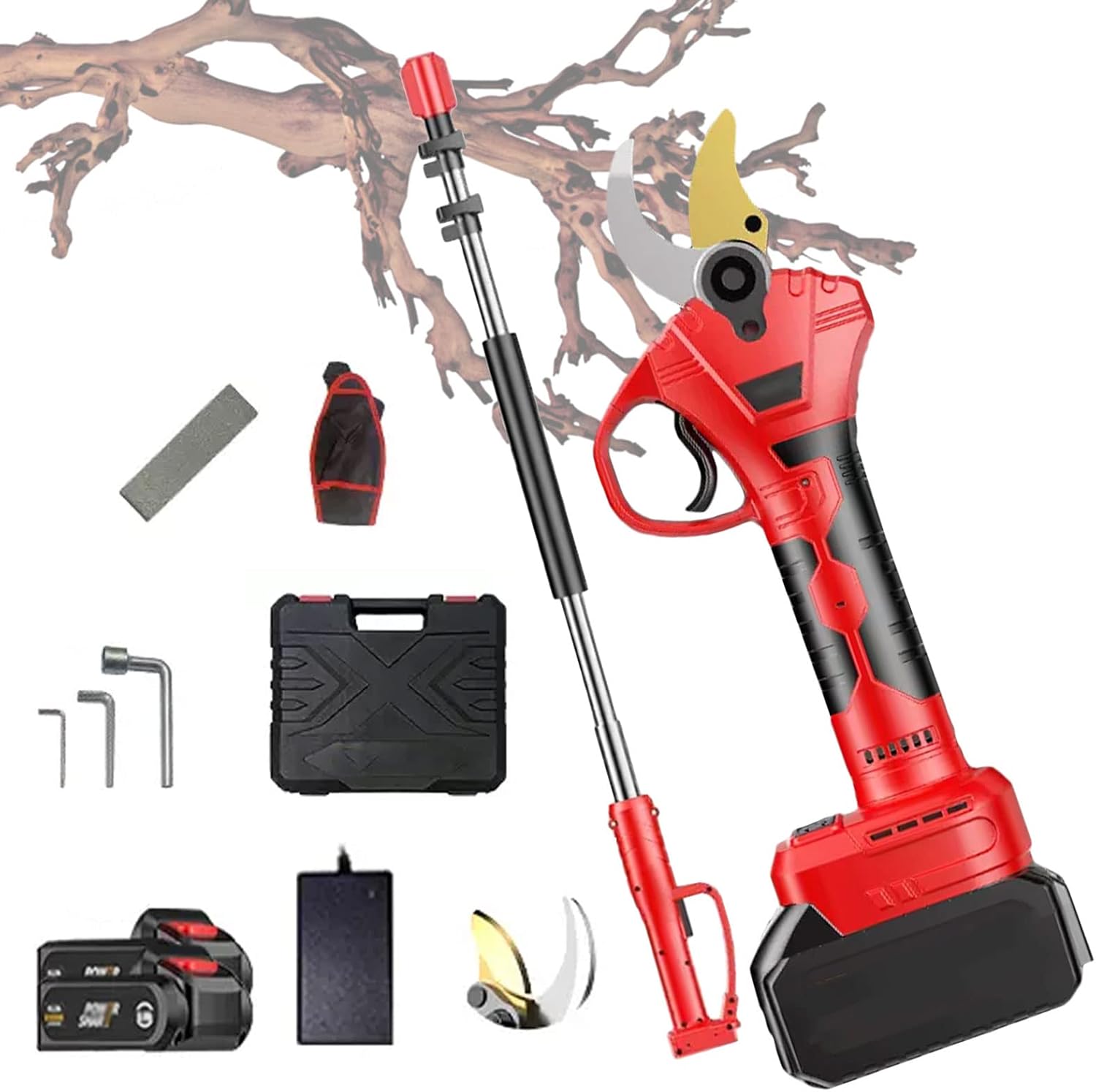 Professional Cordless Pruner Electric Pruning Shears 2p Lithium Battery and Extension Rod, 40mm Tree Pruners Battery Powe for Gardening Rechargeable Outdoor Branch Cutter