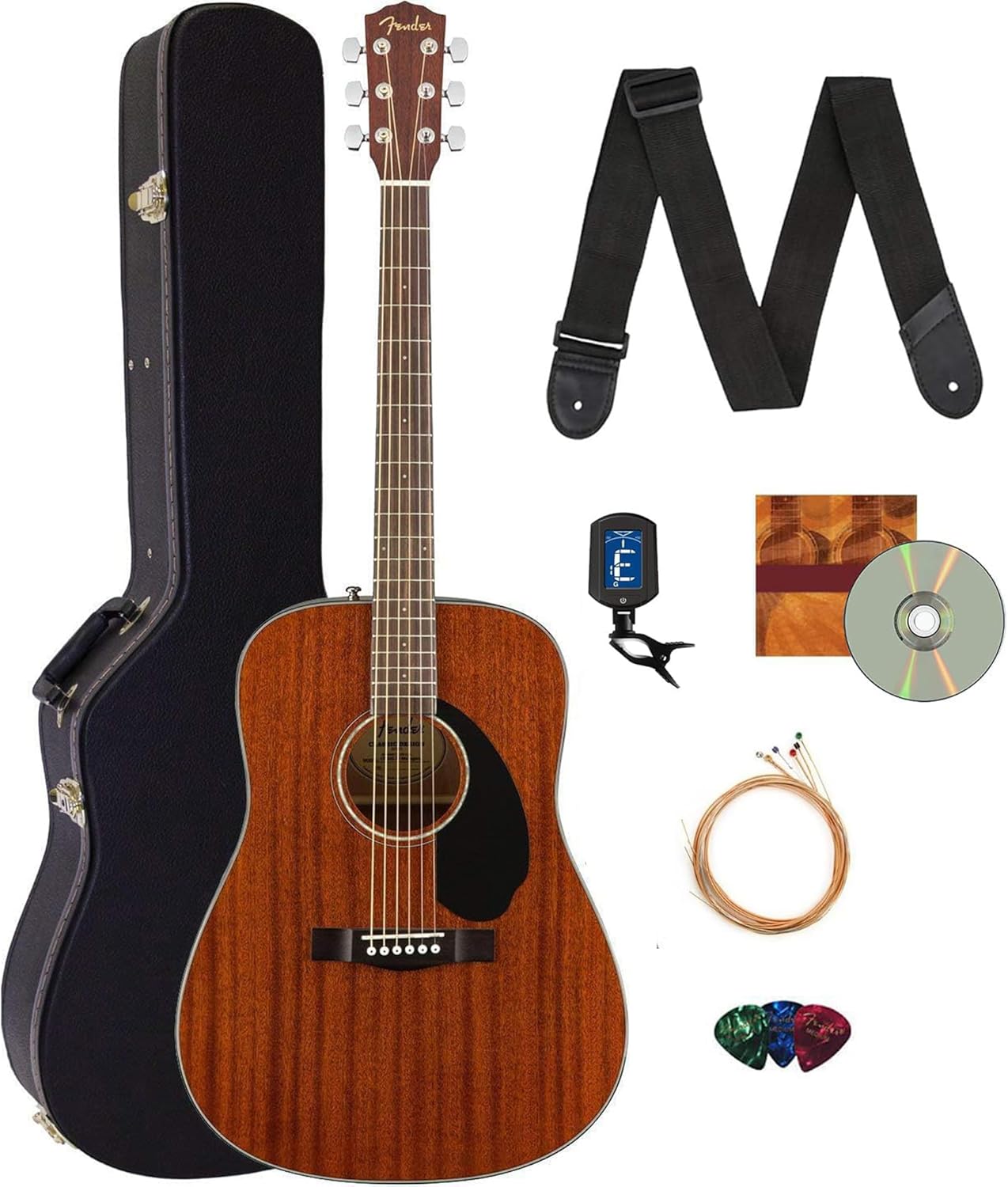 Fender CD-60S Solid Top Dreadnought Acoustic Guitar - All Mahogany Bundle with Hard Case, Tuner, Strap, Strings, Picks, and Austin Bazaar Instructional DVD