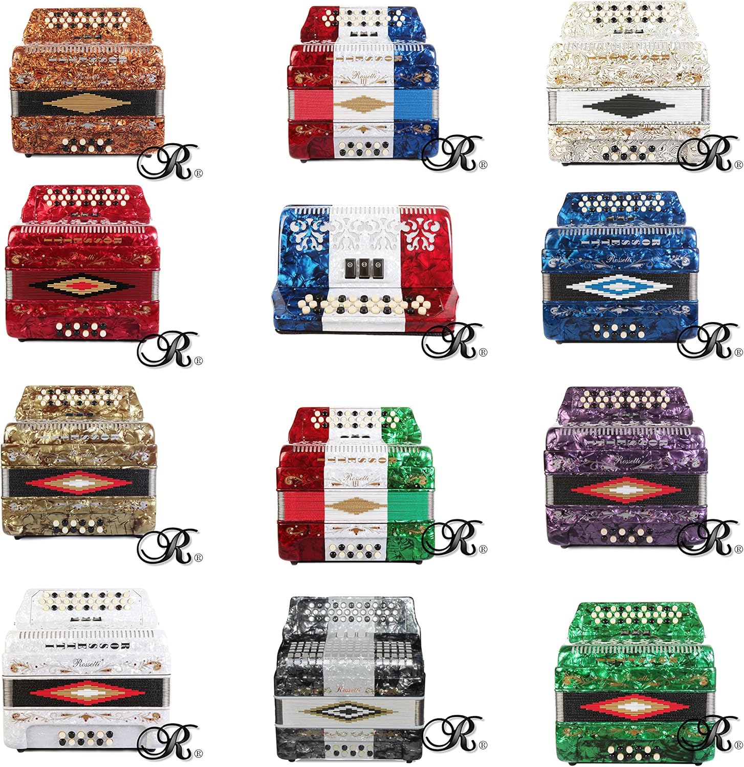 Rossetti 34 Button Accordion 12 Bass 3 Switches GCF Mexican Flag