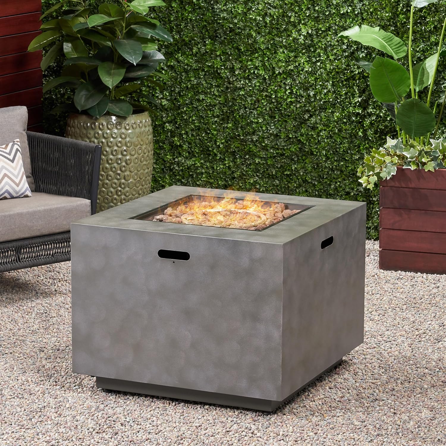 Outdoor Patio Propane Fire Pit, 24'' H x 33'' W Square Iron Gas-Burning Fire Pit - 50,000 BTU Fire Table for Garden, Backyard, Lawn, Tank in Side, Stone Gray