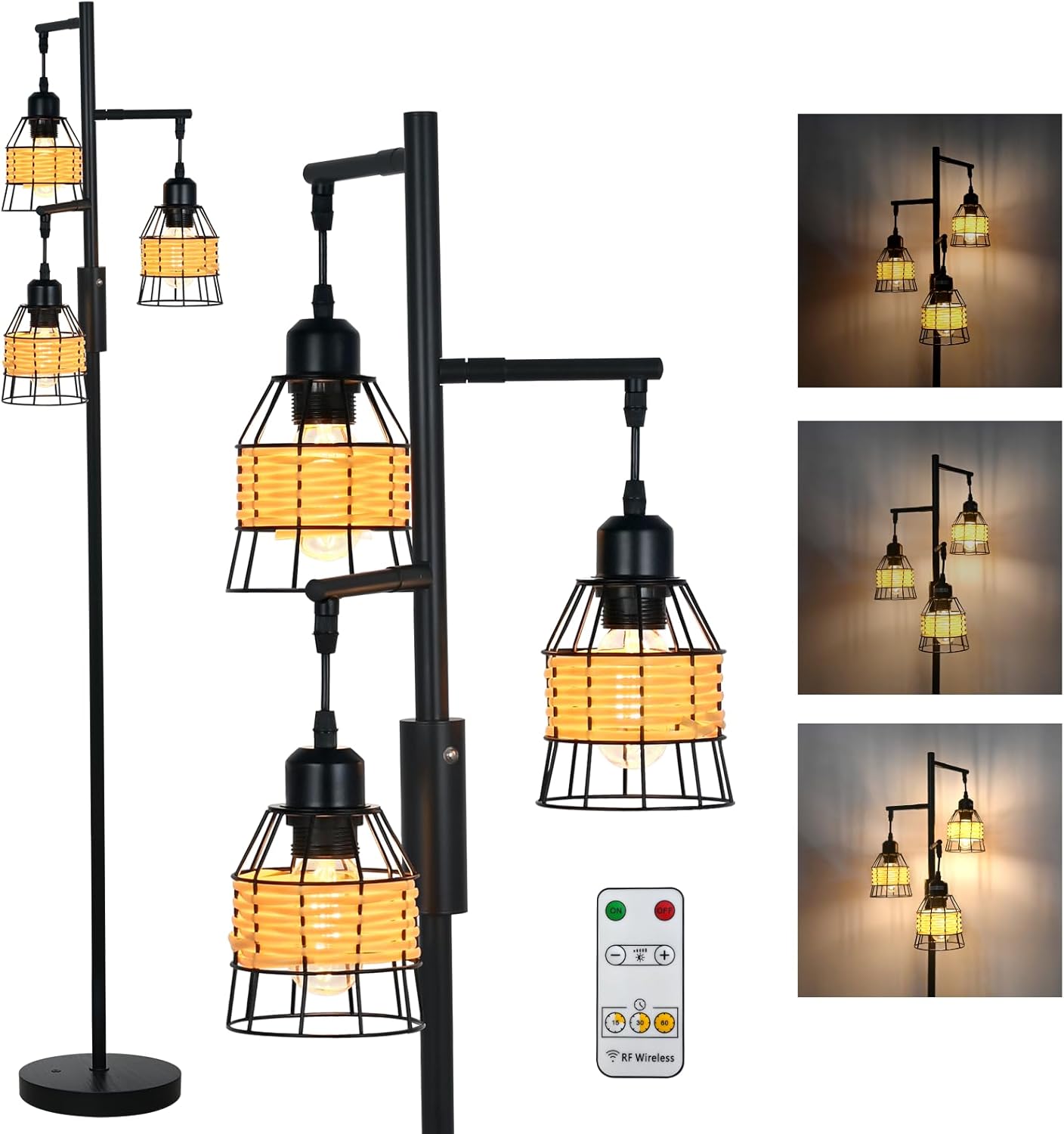 Rattan Boho Rechargeable Cordless Floor Lamp with Remote Dimmable 3 Bulb Edison E27 Brown Warm Light Vintage Standing Lamp for Bedroom,Outdoor,Living Room Rustic,Patio,Farmhouse,60.6