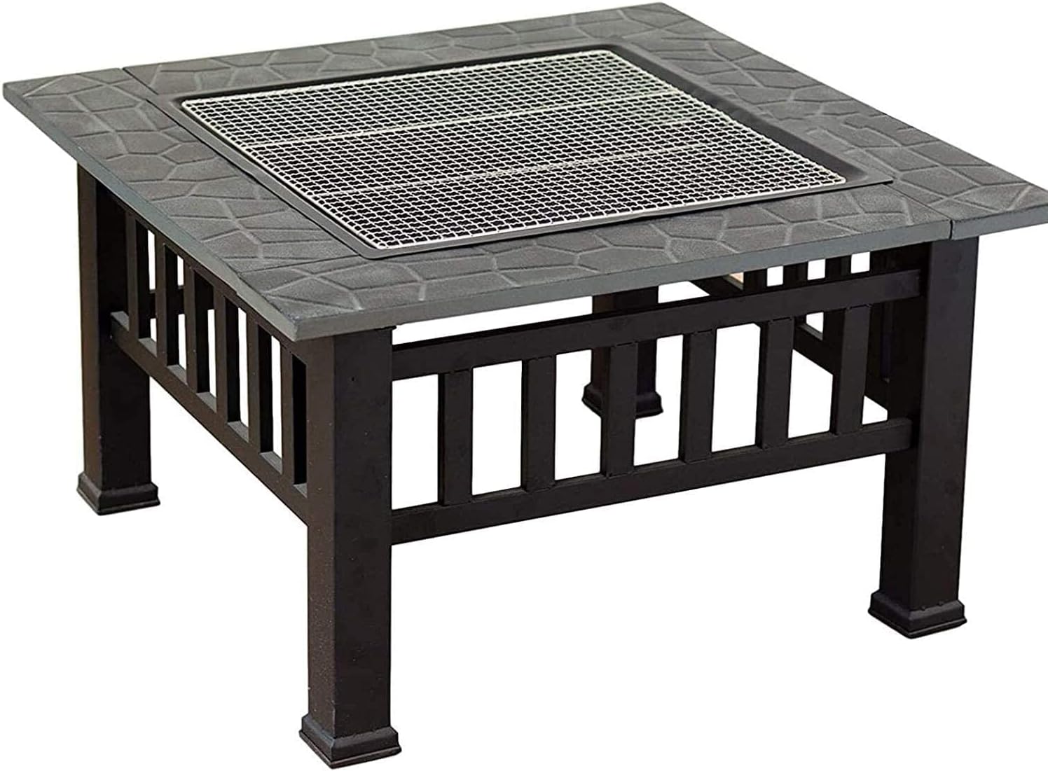 BBQ Grill Outdoor Fire Pits Outdoor Wood Burning Outdoor Fire Pits, Metal Square Firepit Patio Stove BBQ Grill Fire Pit Bowl with Spark Screen Cover,Log Grate, Poker with Cover BBQ Cook