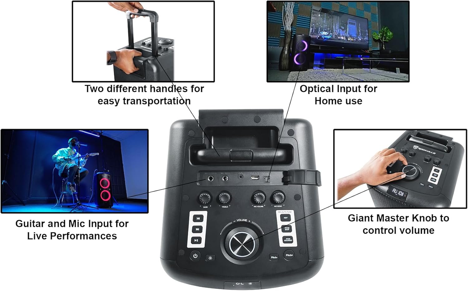 Rockville Elite Party 65 Bluetooth Party Speaker, 2000W Peak/500W RMS, Karaoke Effects, LED Lights, Guitar/Optical Inputs, for Events and Parties