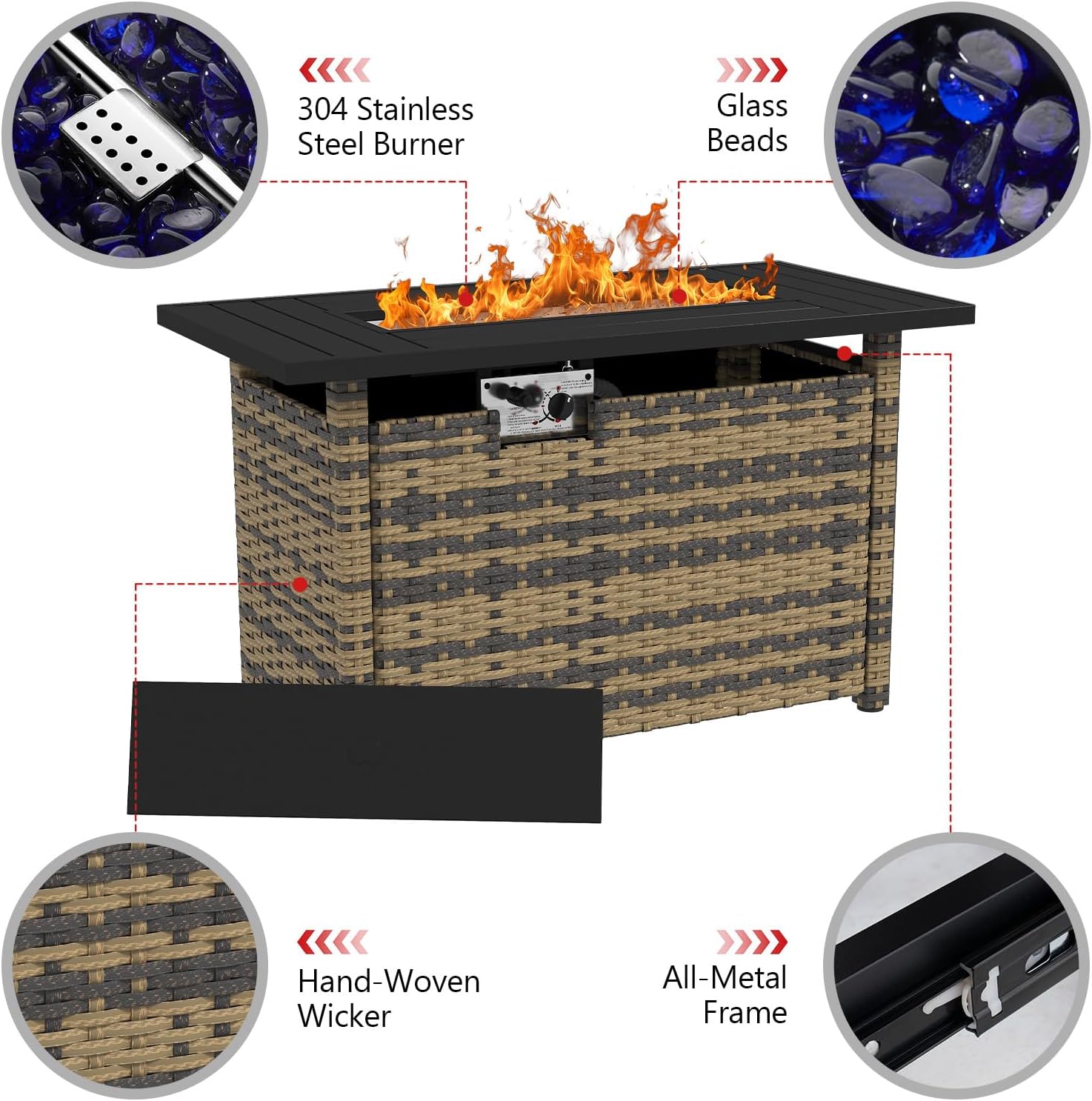 44IN Yellow-Brown Wicker Gas Fire Pit Table with Side Door, Propane Powered, 50000 Btu