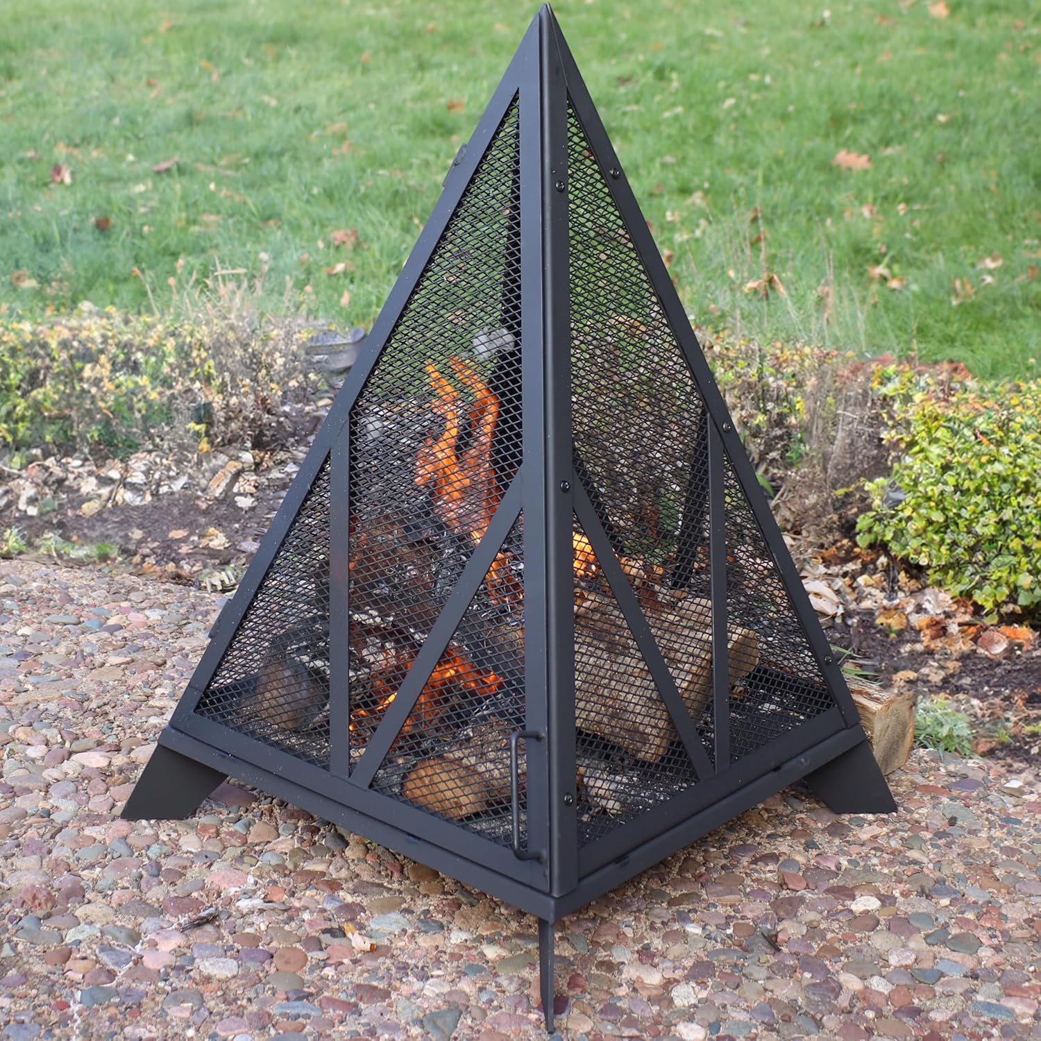 Sunnydaze Majestic Pyramid Heavy-Duty Steel Mesh Outdoor Fire Pit - Includes Protective Cover and Poker - Powder-Coated Black Finish