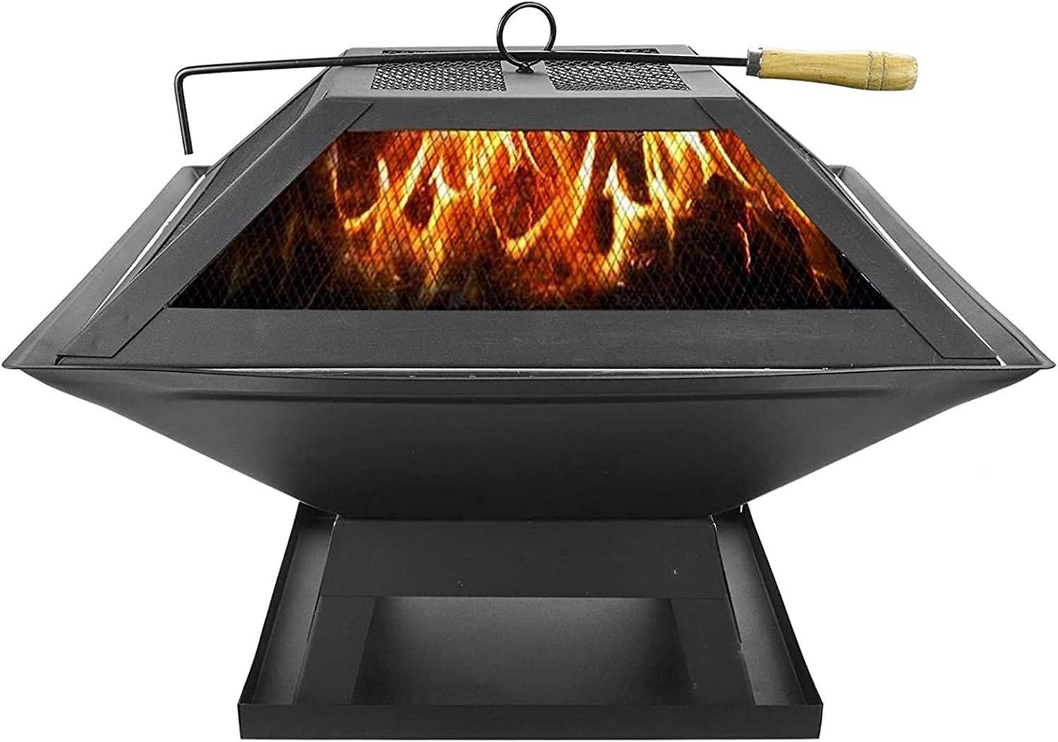 Barbecue Grill Square Outdoor Metal Firepit, with Spark Screen Log Poker and Cover Grill Table, for Backyard Patio Garden Stove Wood Burning Fire Pit