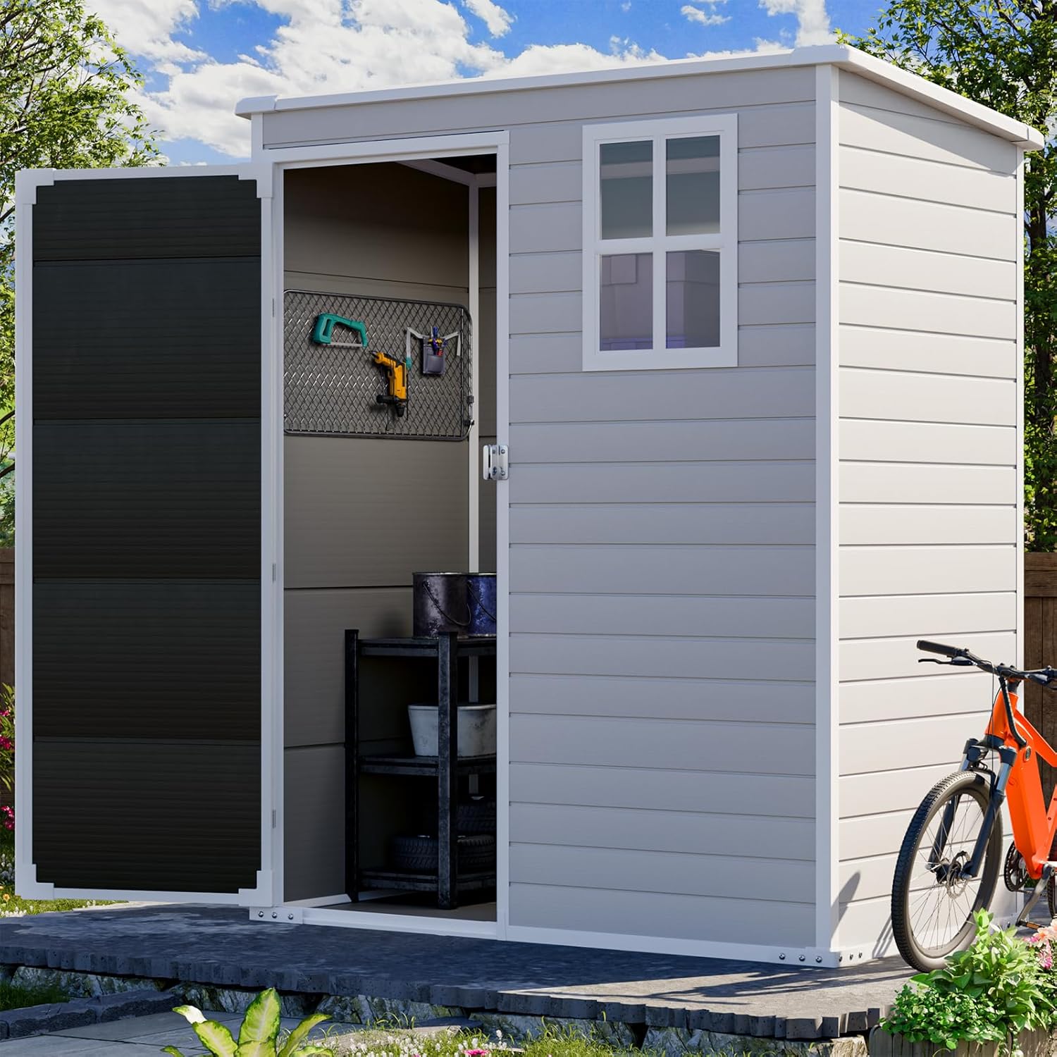 HUSFU Outdoor Resin Storage Shed 5x3 FT, Plastic Tool Shed for Bike, Garbage Can, Chicken Coop, Outside Sheds with Lockable Door for Backyard, Patio, Lawn, Light Grey