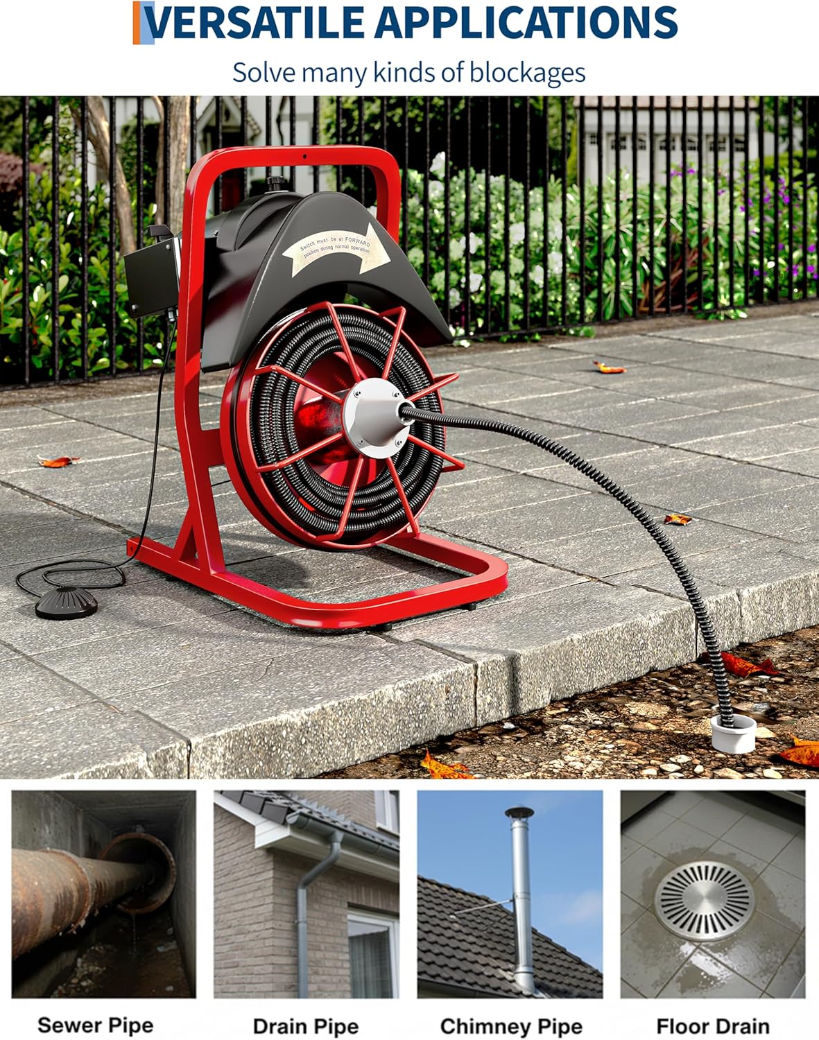 Drain Cleaner Machine 75FT x 1/2 Inch Steel Core Cable Portable 370W Electric Drain Cleaning Machine With Sewer Auger, Cutter, Air-activated Foot Switch, for Commercial, Home