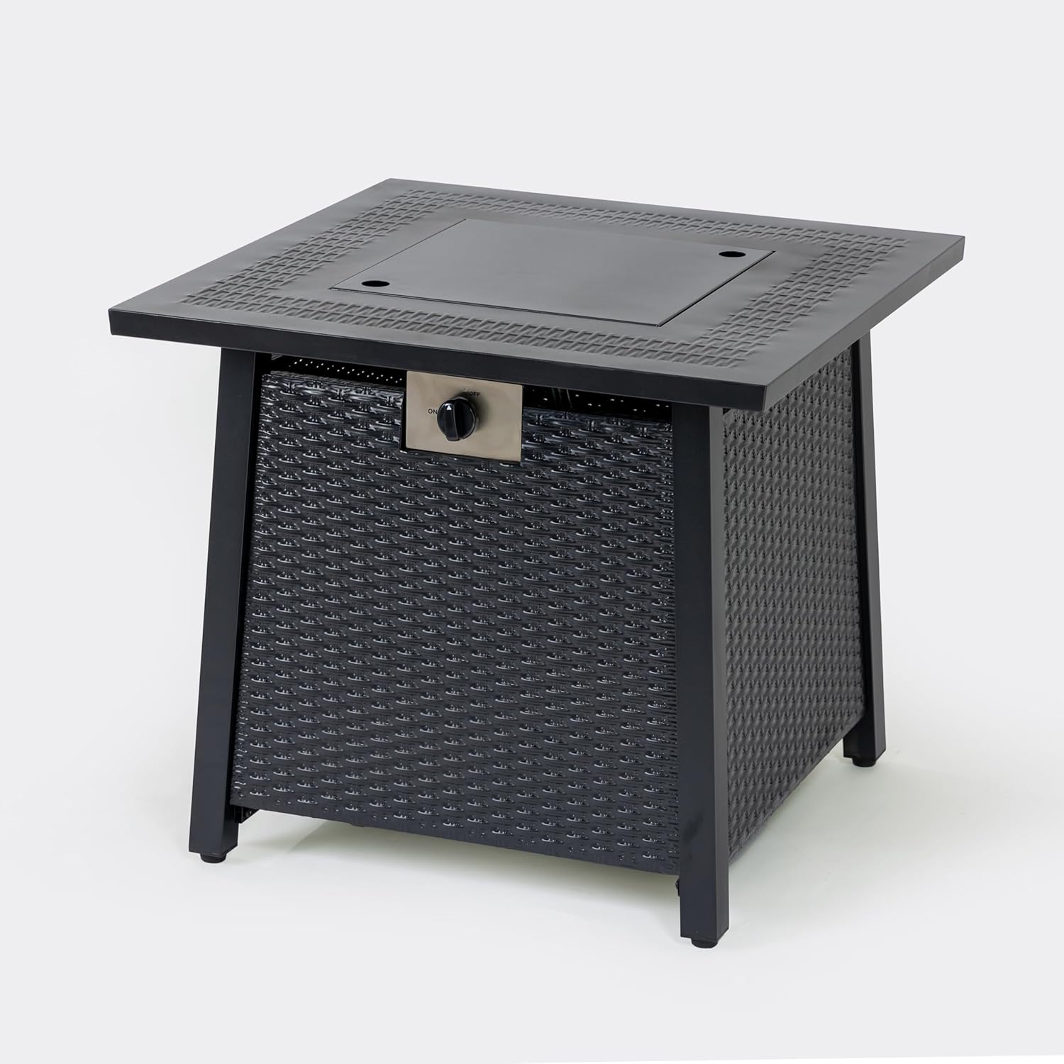 Outdoor Gas Fire Pit Table, 28-inch Square, Wicker Pattern Base, Black