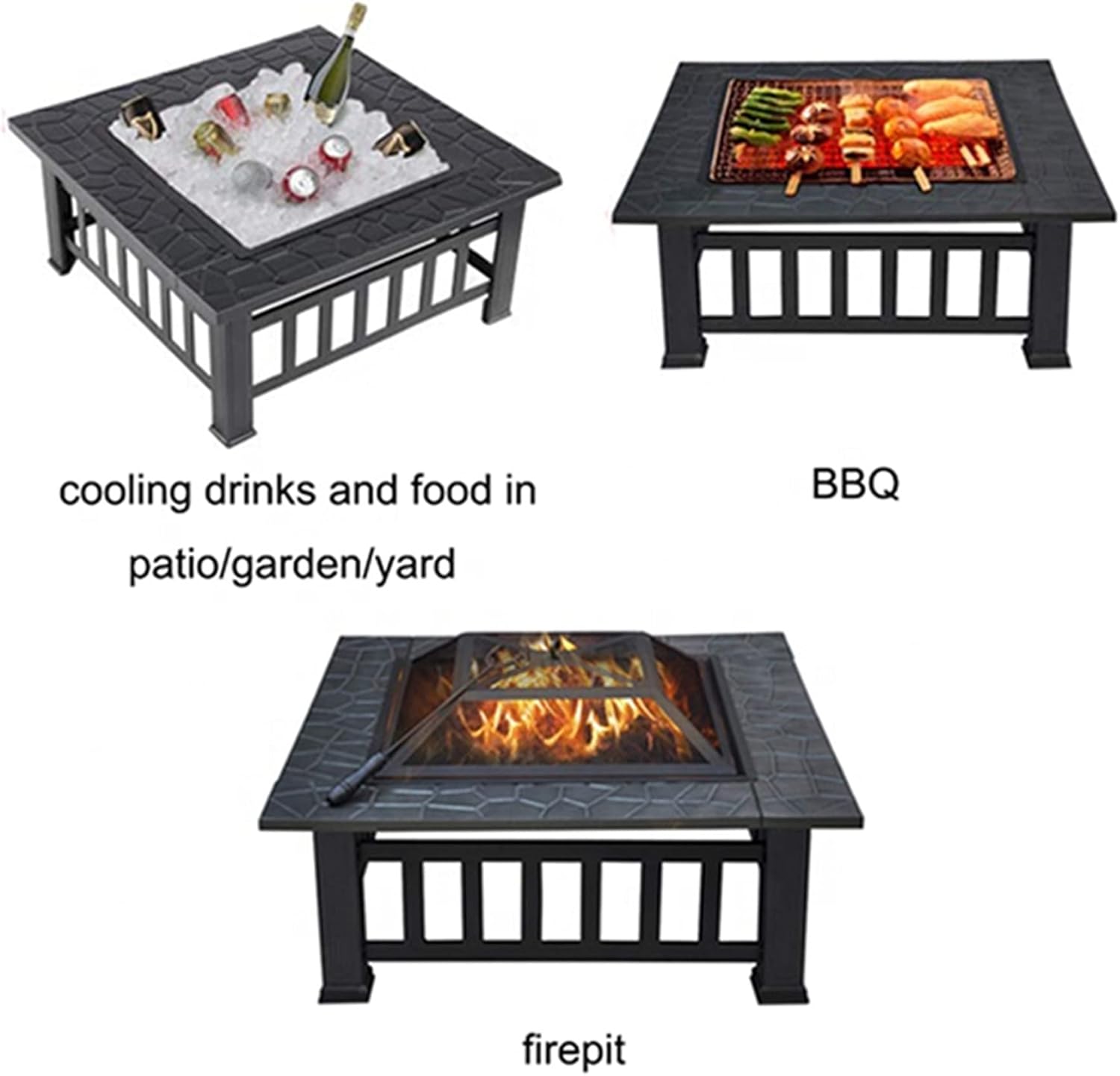 Outdoor Fire Pit Table, 3 in 1 Square Firepit for Barbecue, Patio Heater, Ice Pit, Metal Brazier Bonfire Firepit, w/Spark Cover Screen & Poker & BBQ Grill Grate, black