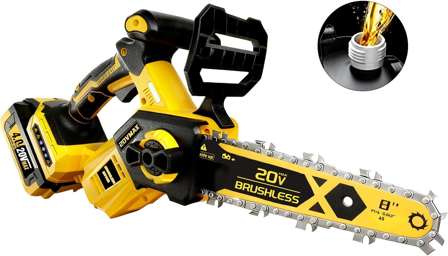 8 inch Chainsaw for Dewalt 20V MAX Battery, 2026 Upgraded Cordless Brushless Pruning Chainsaw with Oiling System & Chain Brake, Battery Powered for Wood Cutting (4.0Ah Battery Included)