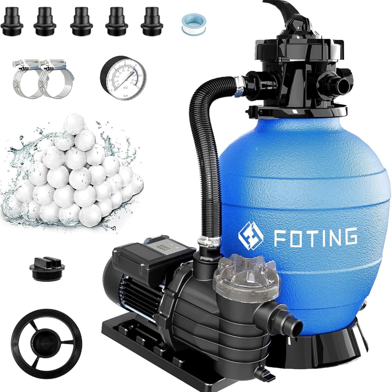 FOTING 13in Sand Filter Pump for Above Ground Pool with Timer, 1 HP, Max 3800GPH for Pools Up to 13000GAL, 6-Way Valve, Enhanced Circulation for Crystal-Clear Pool