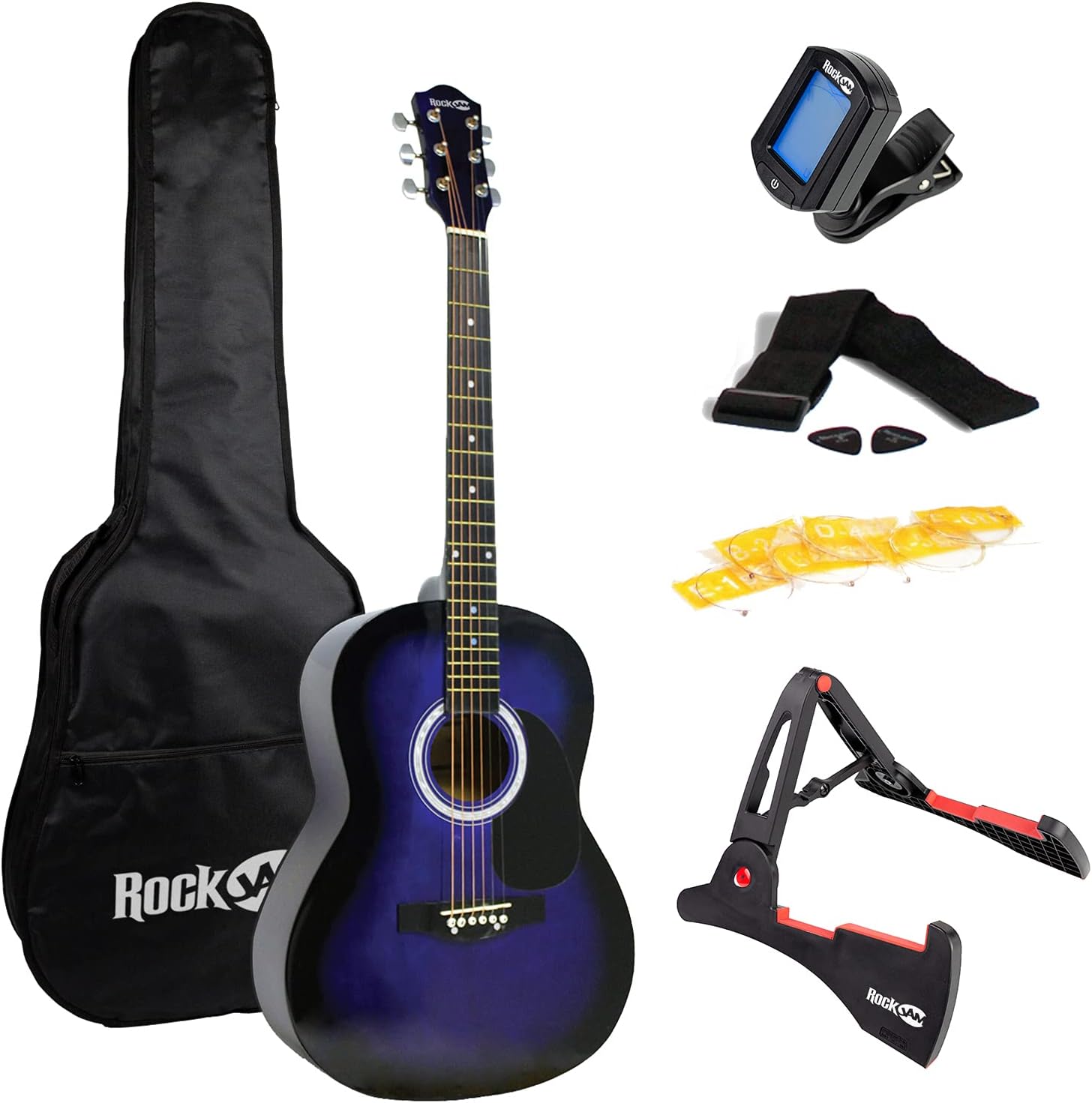 RockJam Acoustic Guitar Kit with Stand, Tuner, Gig Bag, Strap, Picks, Spare Strings & Lessons