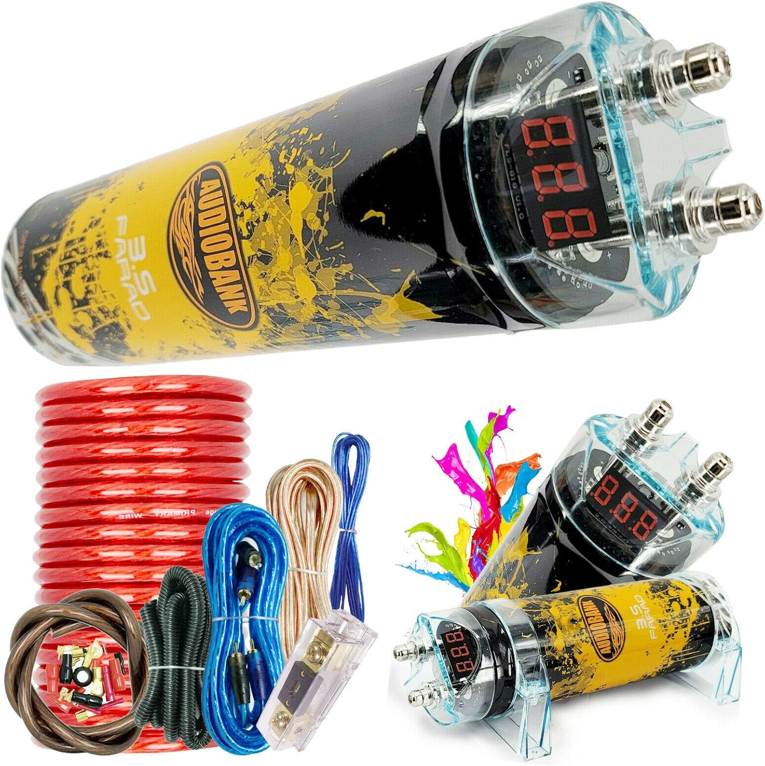 Audiobank 3.5 Farad Capacitor Car Audio 3500 Watts Power 12V Car Digital Power and Audiotek AT-BCC4AR-RED Complete 4 Gauge Car Amplifier Installation Wiring Kit