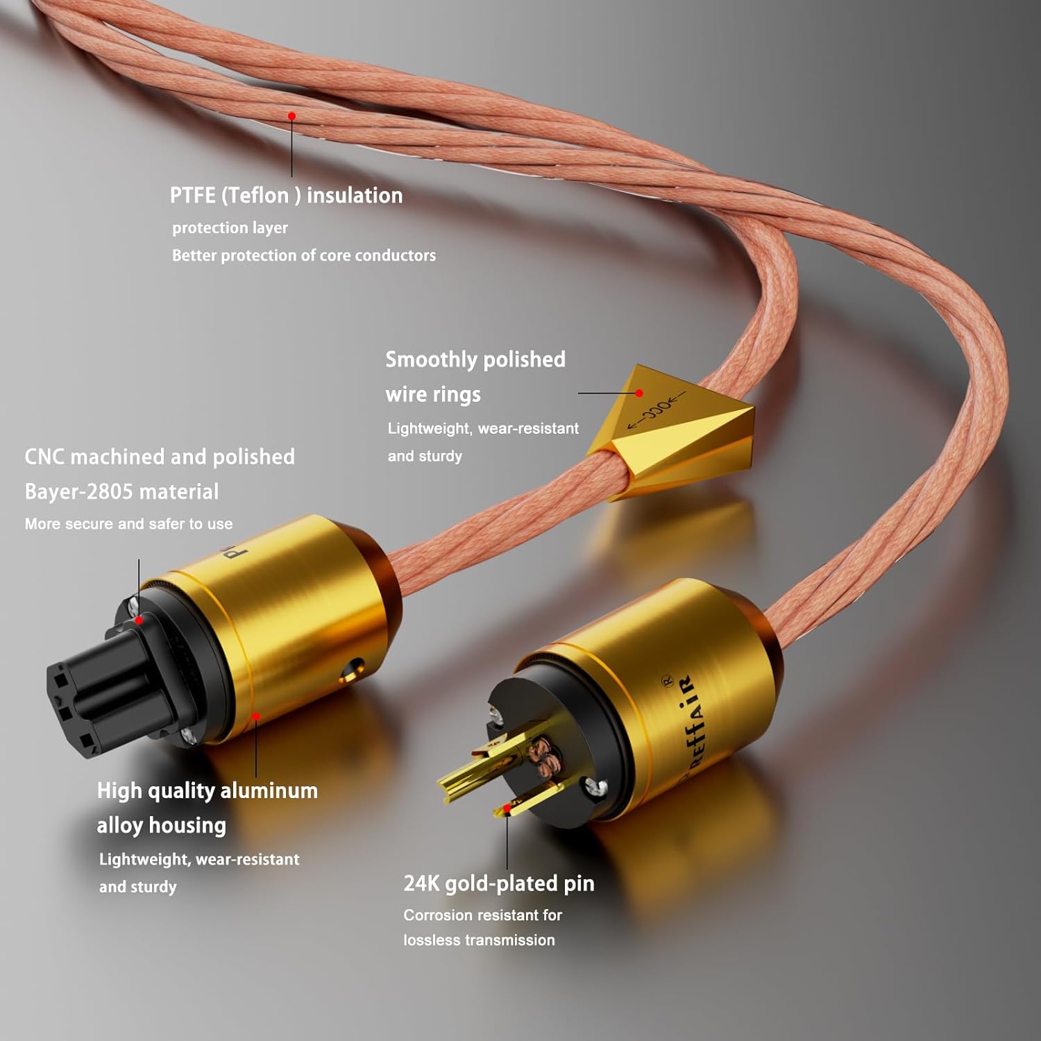Preffair X461 OCC 5N Copper AC Power Cables 15AWG/4 x 1.5mm2 Wires with Gold Plated US 3 Prong-C15 IEC320 Power Connectors for Audiophile Subwoofer, Turntable, AMP, DAC (2M/6.6FT, X461P102G)