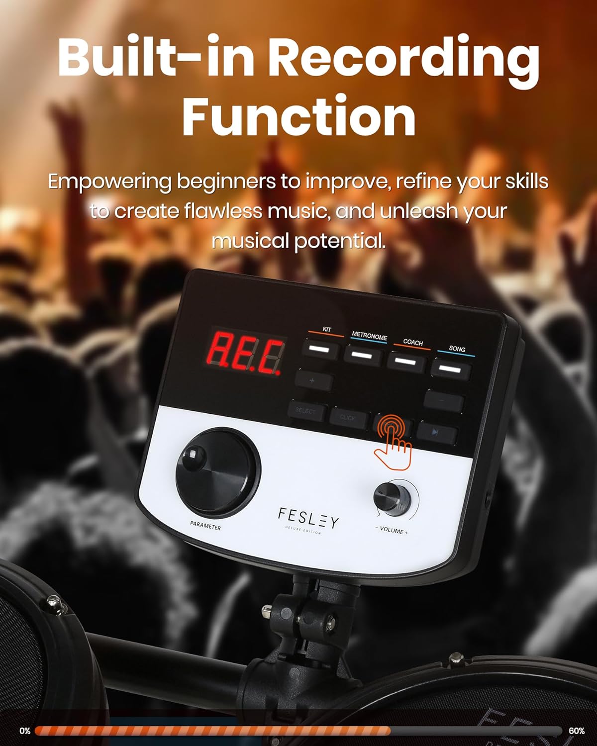 Fesley Electric Drum Set: 5 Drums 3 Cymbals with 4 Quiet Mesh Drum Pads, Electronic Drum Set for Beginner Adult, E Drum Kit with Throne, Headphone, Drumsticks, USB MIDI, Intelligent Sound Module