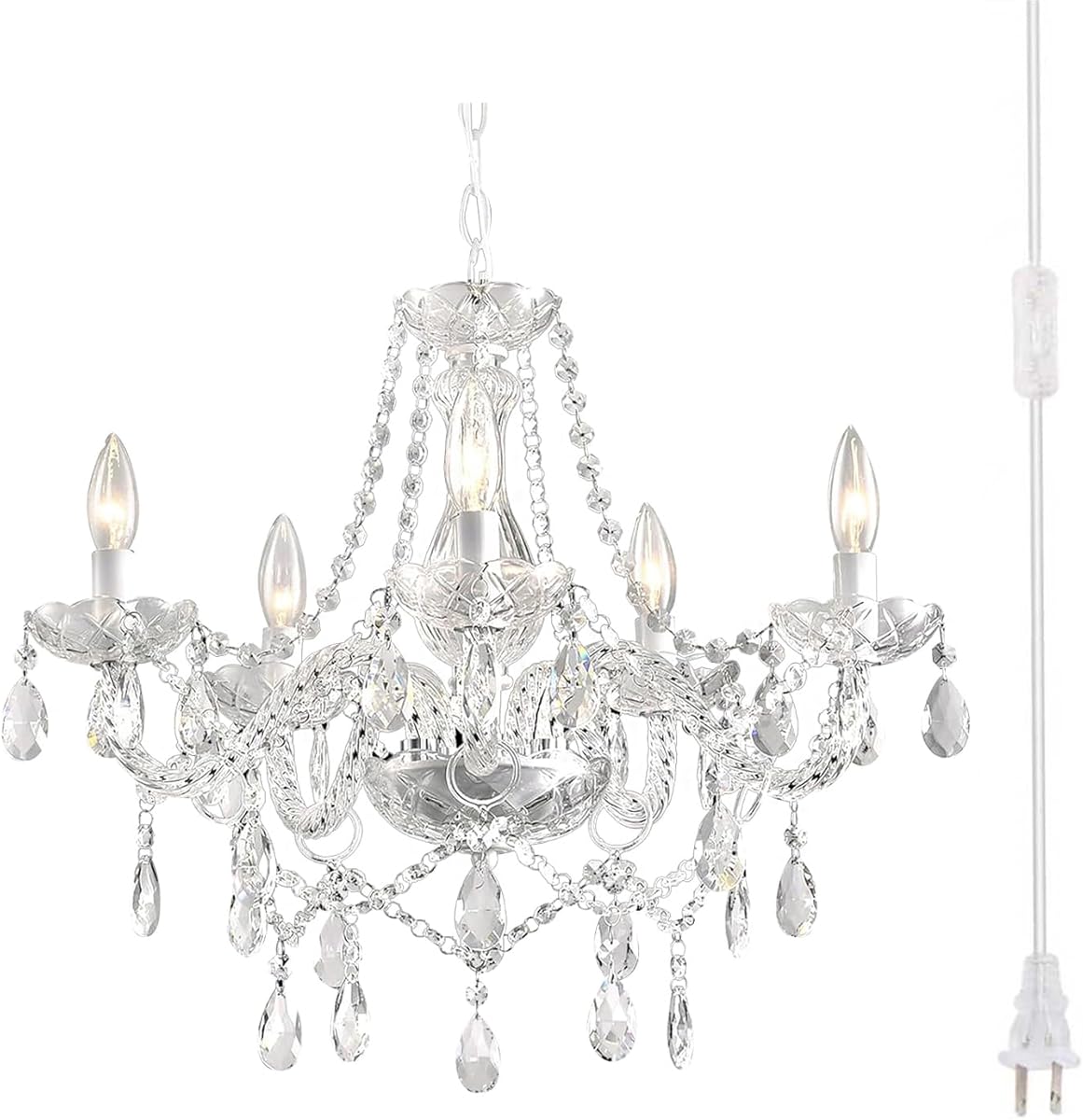 Plug in Chandelier,White Crystal Chandeliers Hanging Pendant Light Crystal Ceramic 5 Light with Plug in Cord