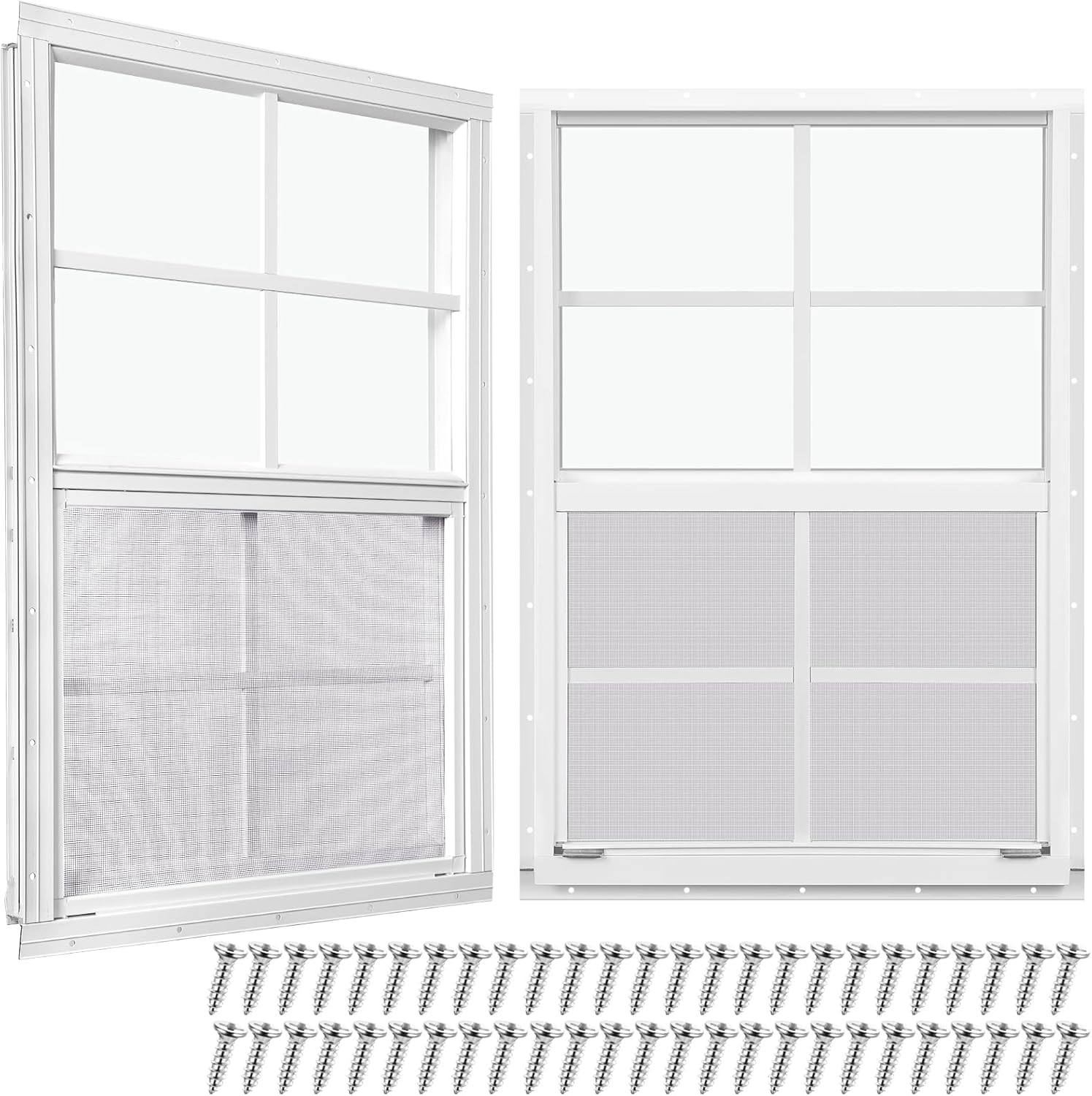 Tandefio 2 Pcs 18''x 27'' White Flush Mount Shed Window with Tempered Glass and Screen Household Windows Sliding Windows with Vertical Slider and Screws for Chicken Coop Loft Sheds Barns