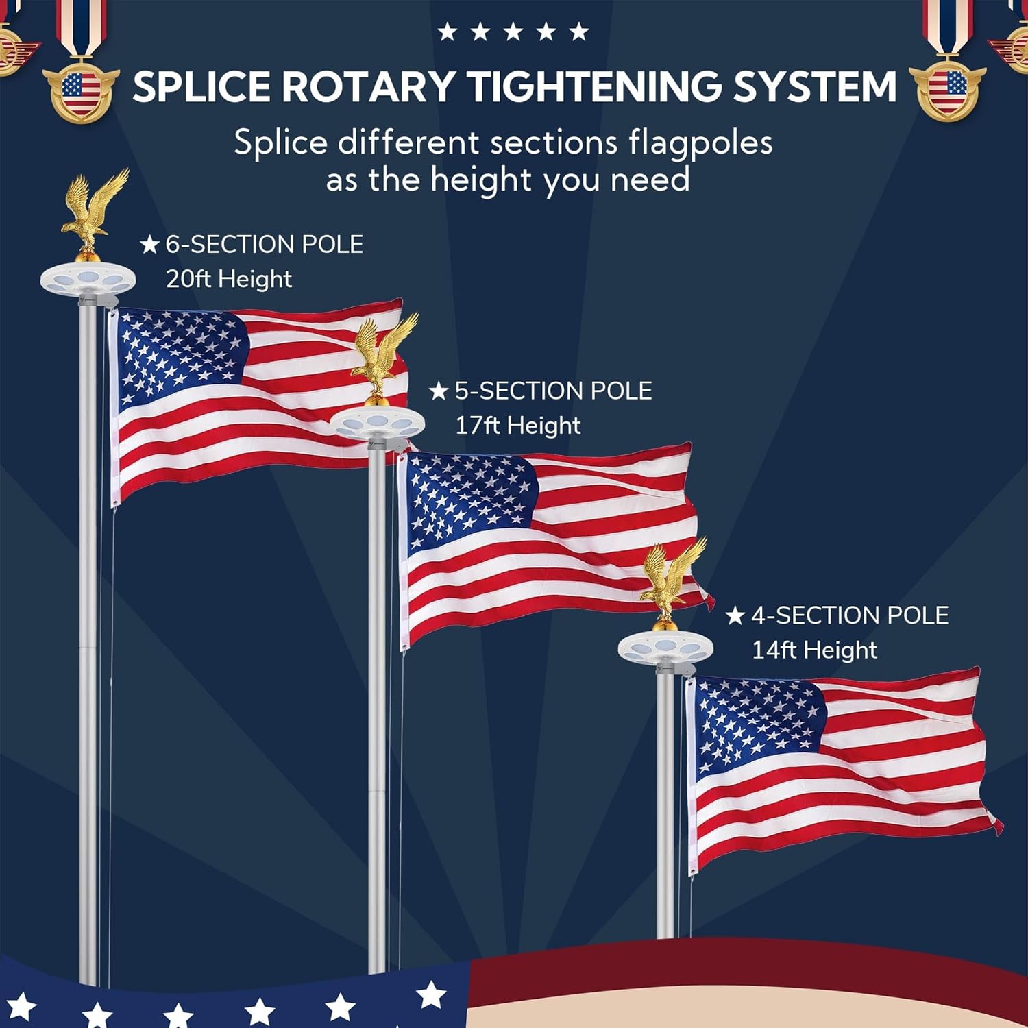 Yescom Bravery MEGA 25 Ft Flag Pole Kit with Solar Light & Deck Mount for Outside House 13 Gauge Heavy Duty Aluminum Sectional Inground Flagpole for High Wind Outdoor Patio Dock Side Silver