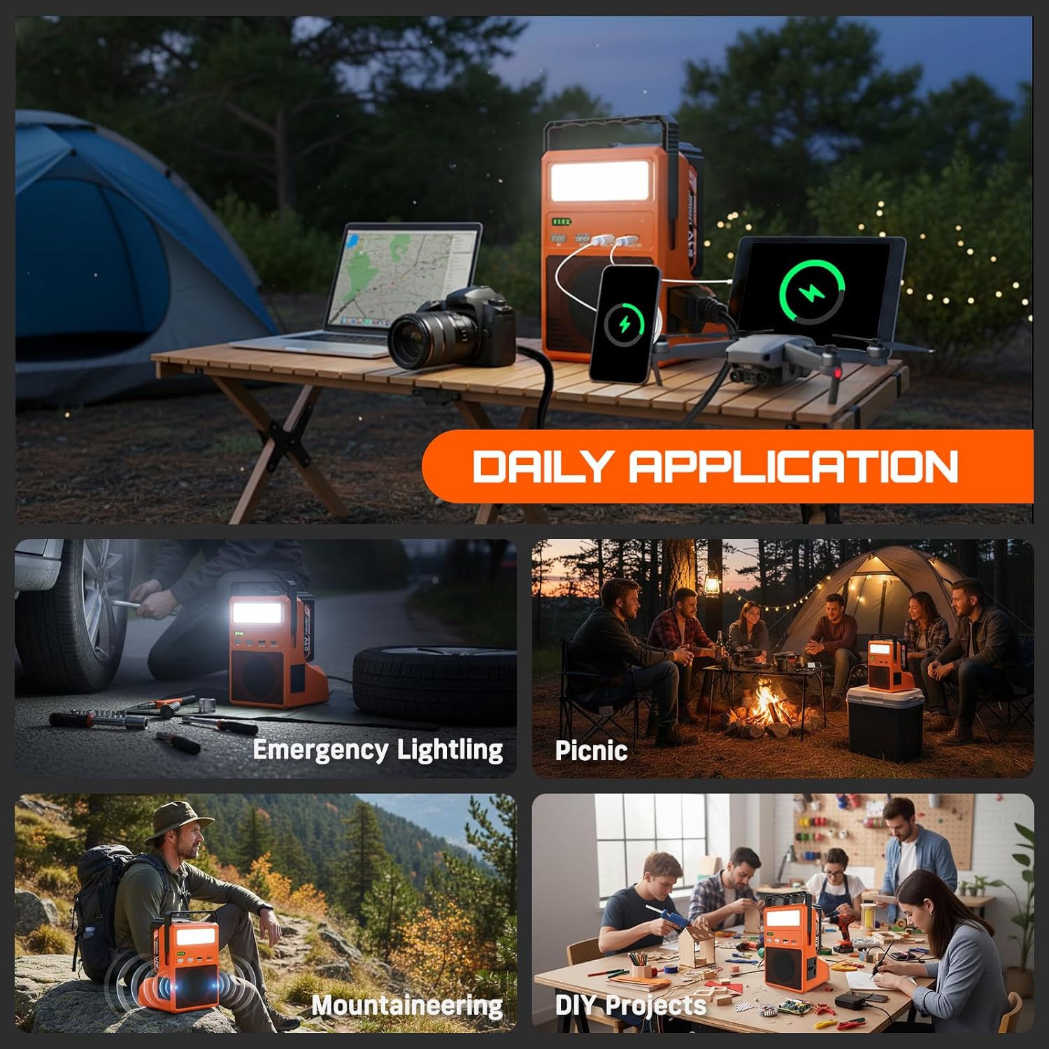 300W Power Inverter with Bluetooth Speaker, Battery Inverter for Makita 18V Battery with 21V 4.0Ah Battery Included, 110V AC Outlet, 1 × USB 3.0 Port, 32W PD Type-C, LED Light for Camping & Emergency